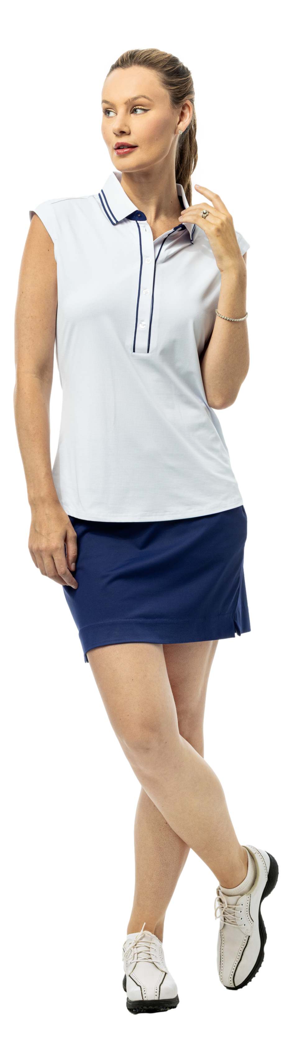 SanSoleil SOLAIR COOL Ultra-Mesh sleeveless polo in white navy, showcasing breathable fabric and classic polo design.