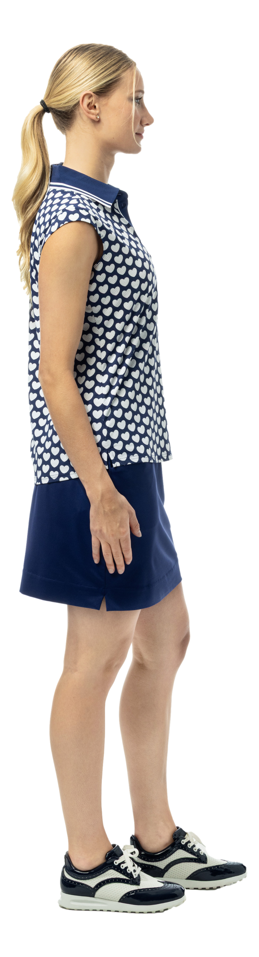 SanSoleil SOLAIR Cool Ultra-Mesh sleeveless polo in navy with I Heart Golf logo, lightweight and breathable for active wear.