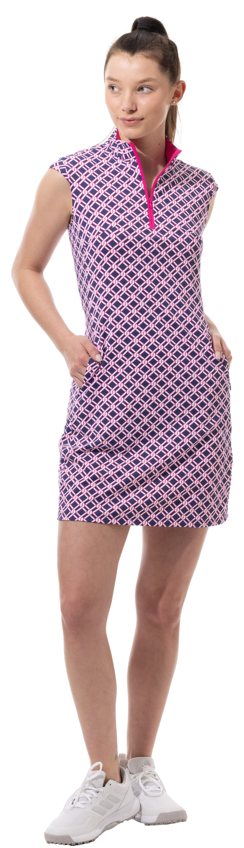 SOLSTYLE ICE SLEEVELESS ZIP MOCK DRESS. PINNACLE. NAVY. 900722I - SanSoleil