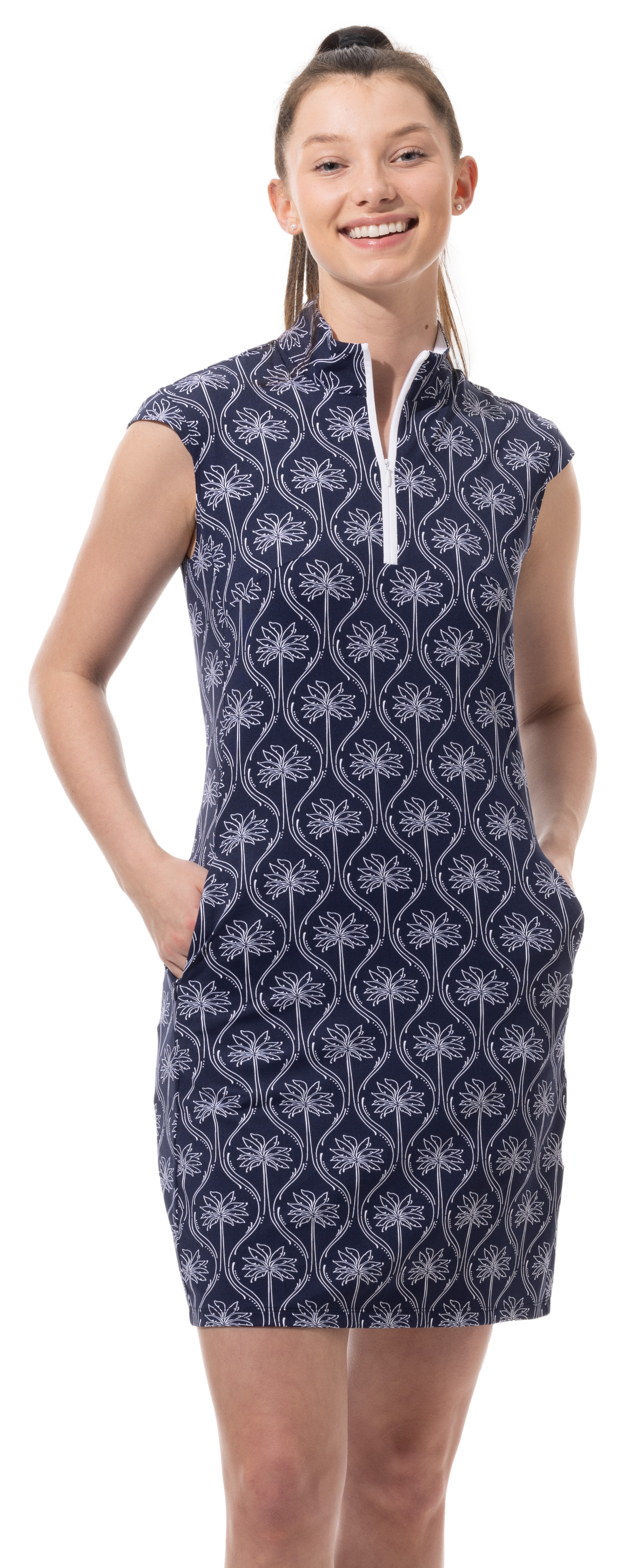 SOLSTYLE ICE SLEEVELESS ZIP MOCK DRESS. MIRAGE. INK-WHITE - 900722-I