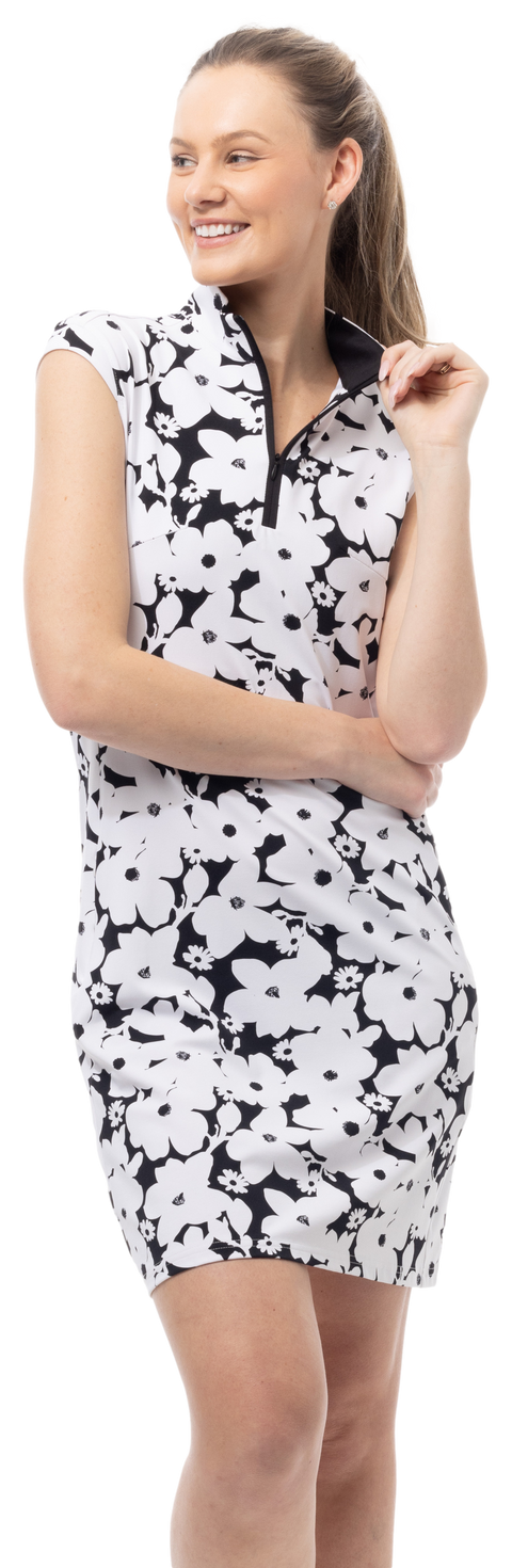 SOLSTYLE COOL SLEEVELESS 1/4 ZIP COLLAR DRESS. MAGNOLIA. BLACK. 900725 - SanSoleil