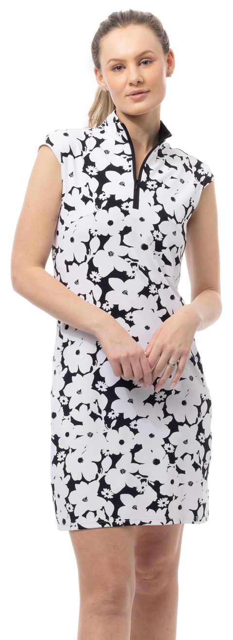 SOLSTYLE COOL SLEEVELESS 1/4 ZIP COLLAR DRESS. MAGNOLIA. BLACK. 900725 - SanSoleil
