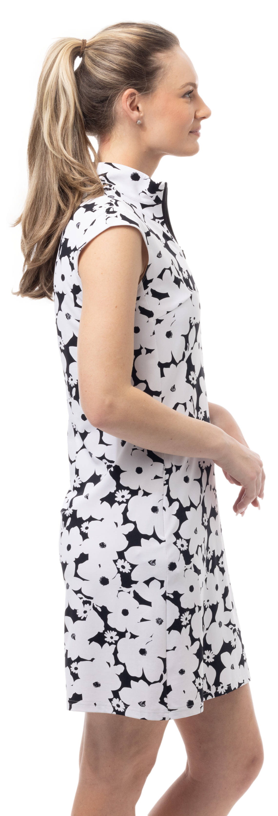 SOLSTYLE COOL SLEEVELESS 1/4 ZIP COLLAR DRESS. MAGNOLIA. BLACK. 900725 - SanSoleil