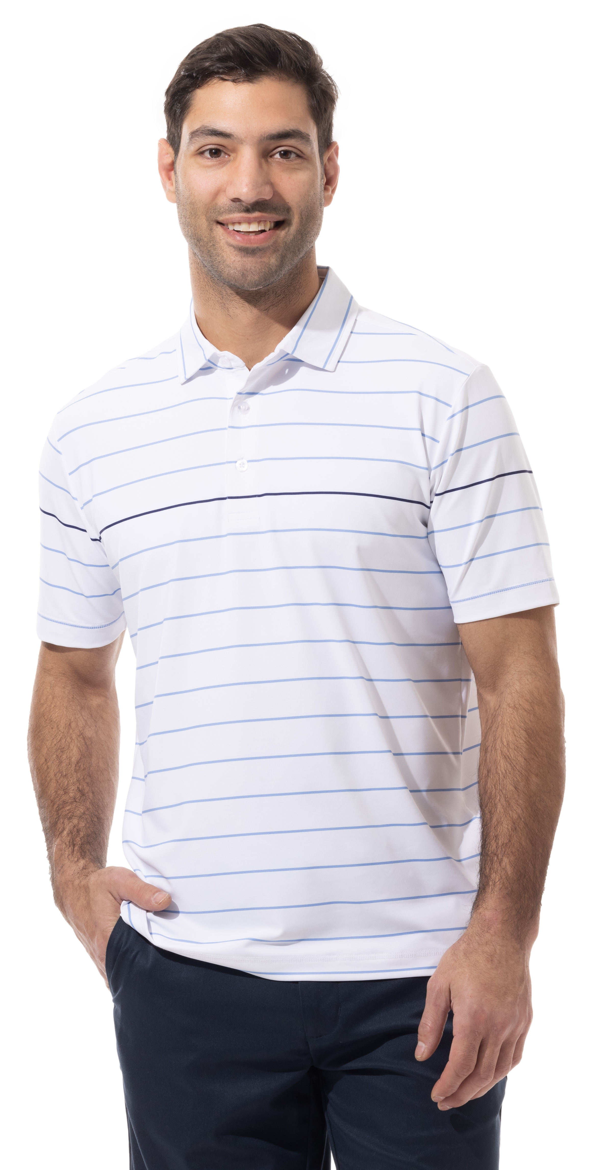 SANSOLEIL MEN'S SolTek ICE BUTTON PRINT POLO. CHAMBRAY, NIGHT SKY NAVY STRIPE - 900840