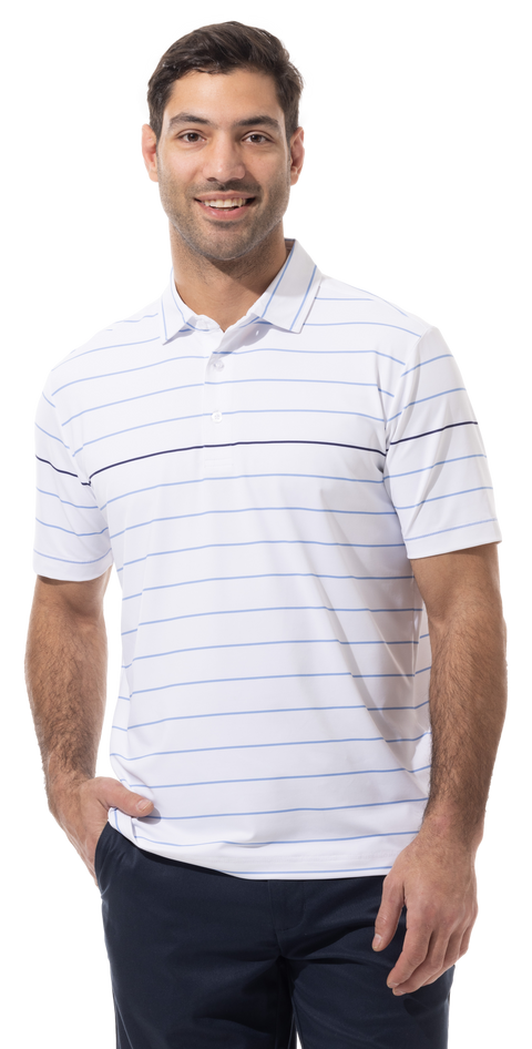 SANSOLEIL MEN'S SolTek ICE BUTTON PRINT POLO. CHAMBRAY, NIGHT SKY NAVY STRIPE - 900840