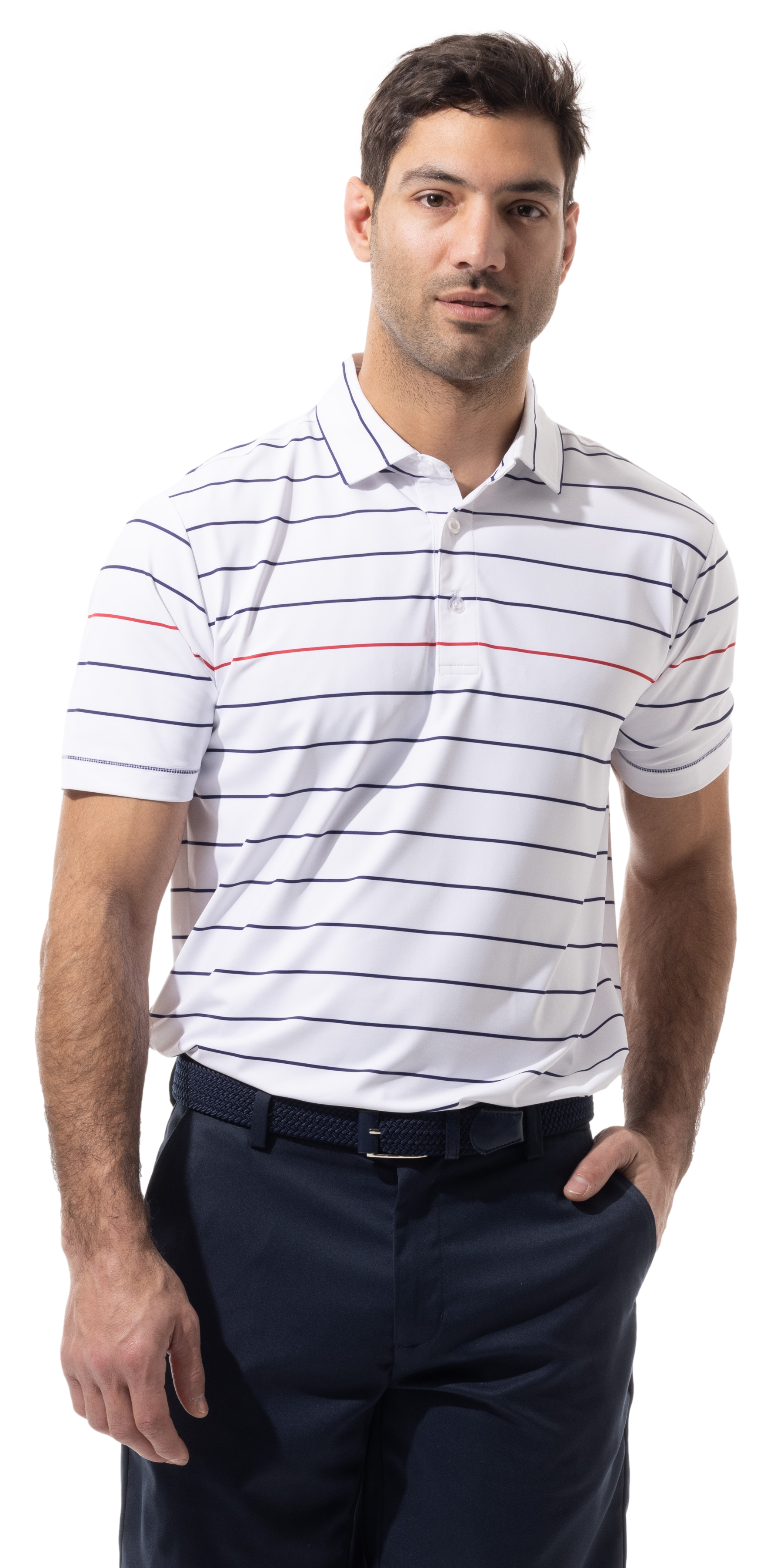 SANSOLEIL MEN'S SolTek ICE BUTTON PRINT POLO. NIGHT SKY NAVY, RED STRIPE. 900840