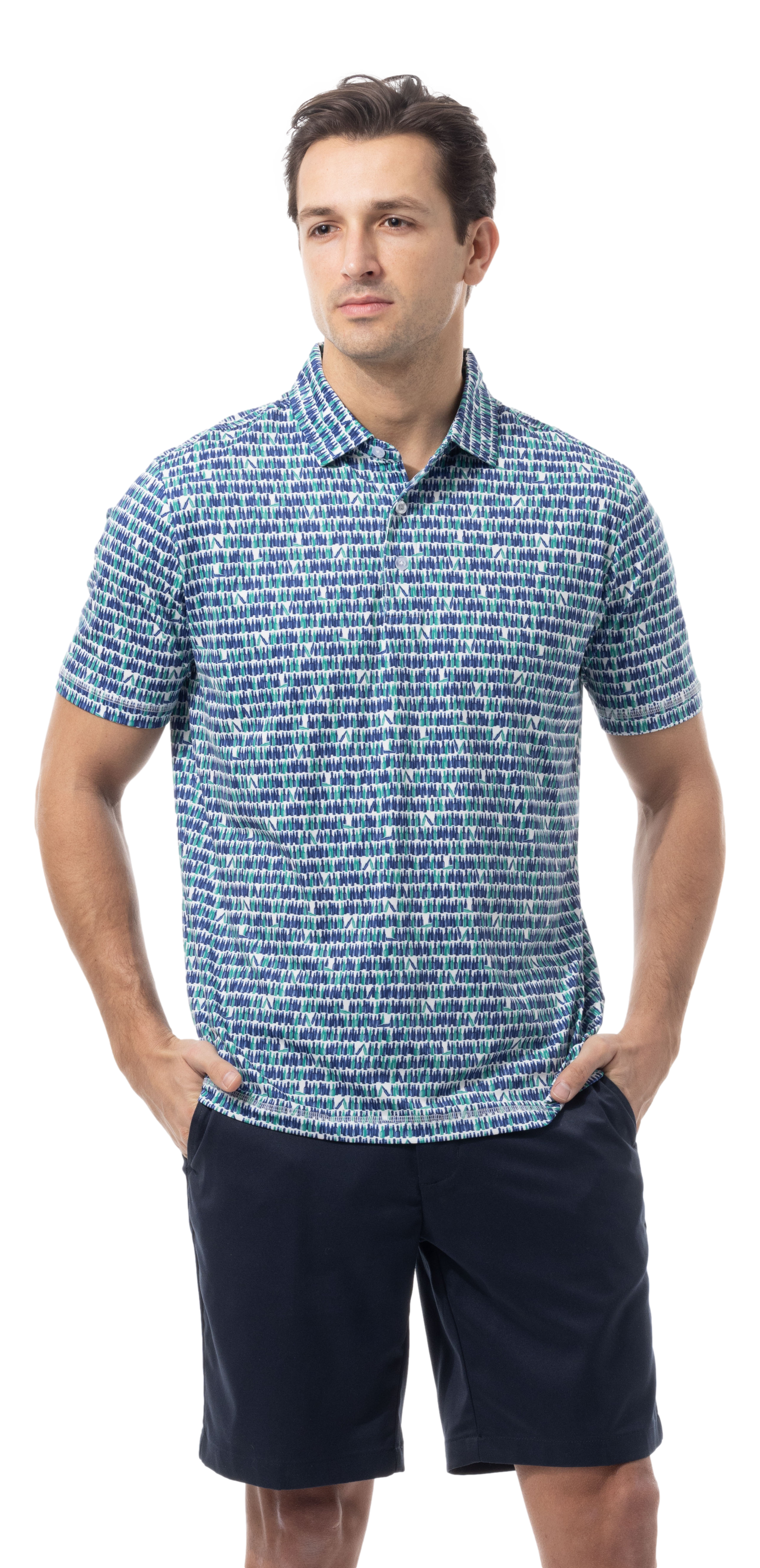 SANSOLEIL MEN'S SHORT SLEEVE PRINT POLO. 99 BOTTLES. 900840 - SanSoleil