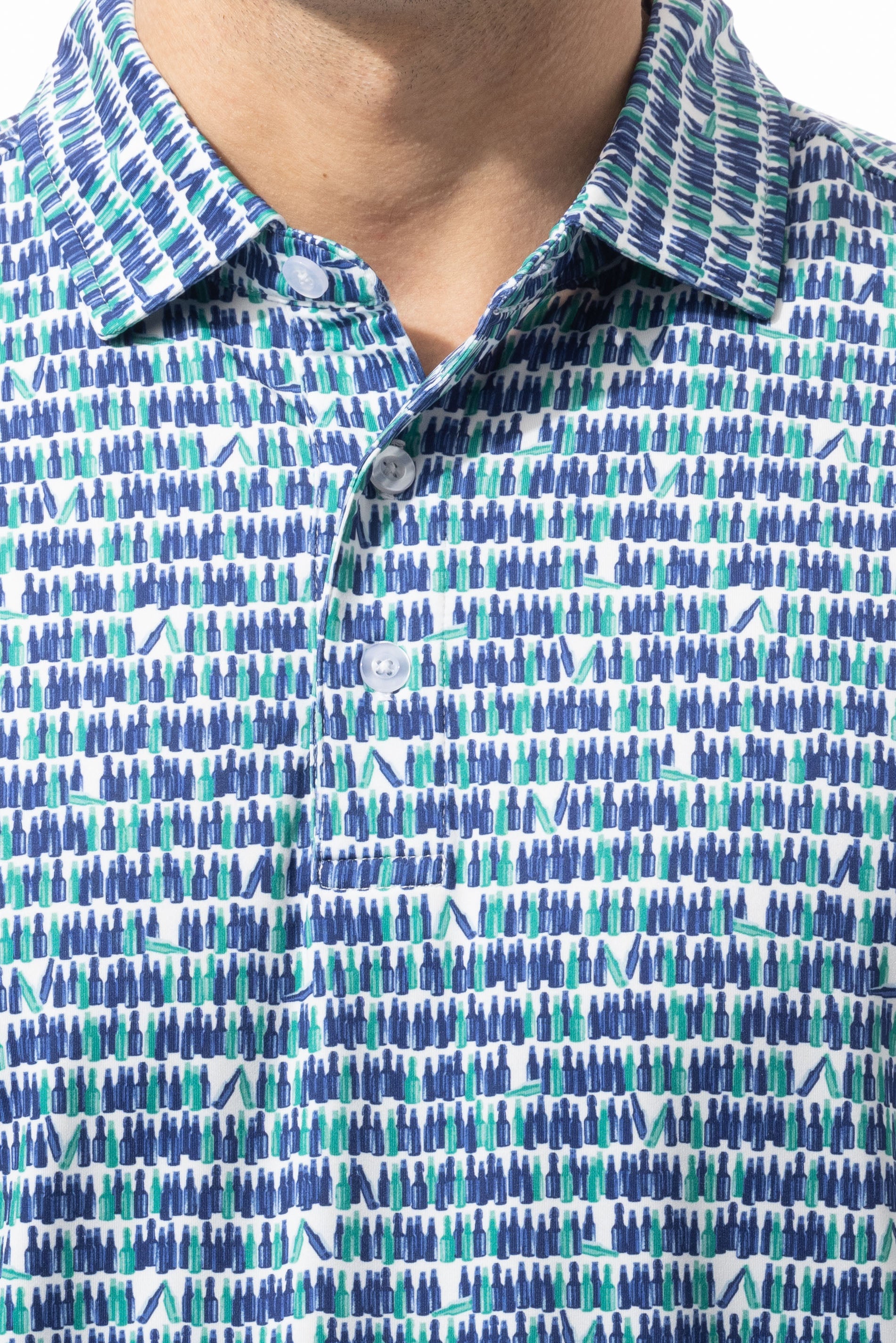 SANSOLEIL MEN'S SHORT SLEEVE PRINT POLO. 99 BOTTLES. 900840 - SanSoleil