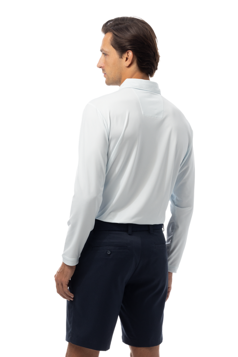 SANSOLEIL'S MEN'S LONG SLEEVE PRINT POLO. MATRIX. TURQ COASTAL BLUE. 900841
