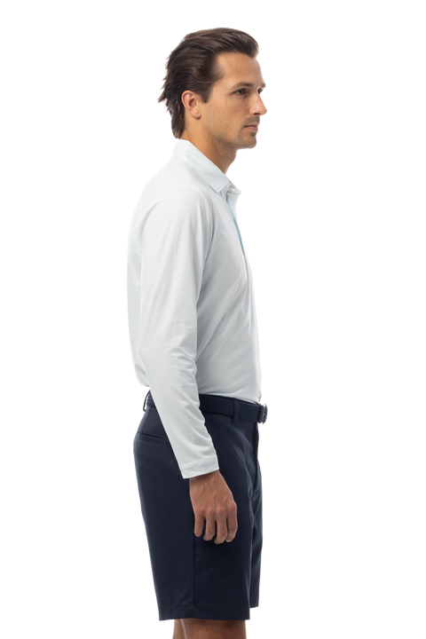 SANSOLEIL'S MEN'S LONG SLEEVE PRINT POLO. MATRIX. TURQ COASTAL BLUE. 900841