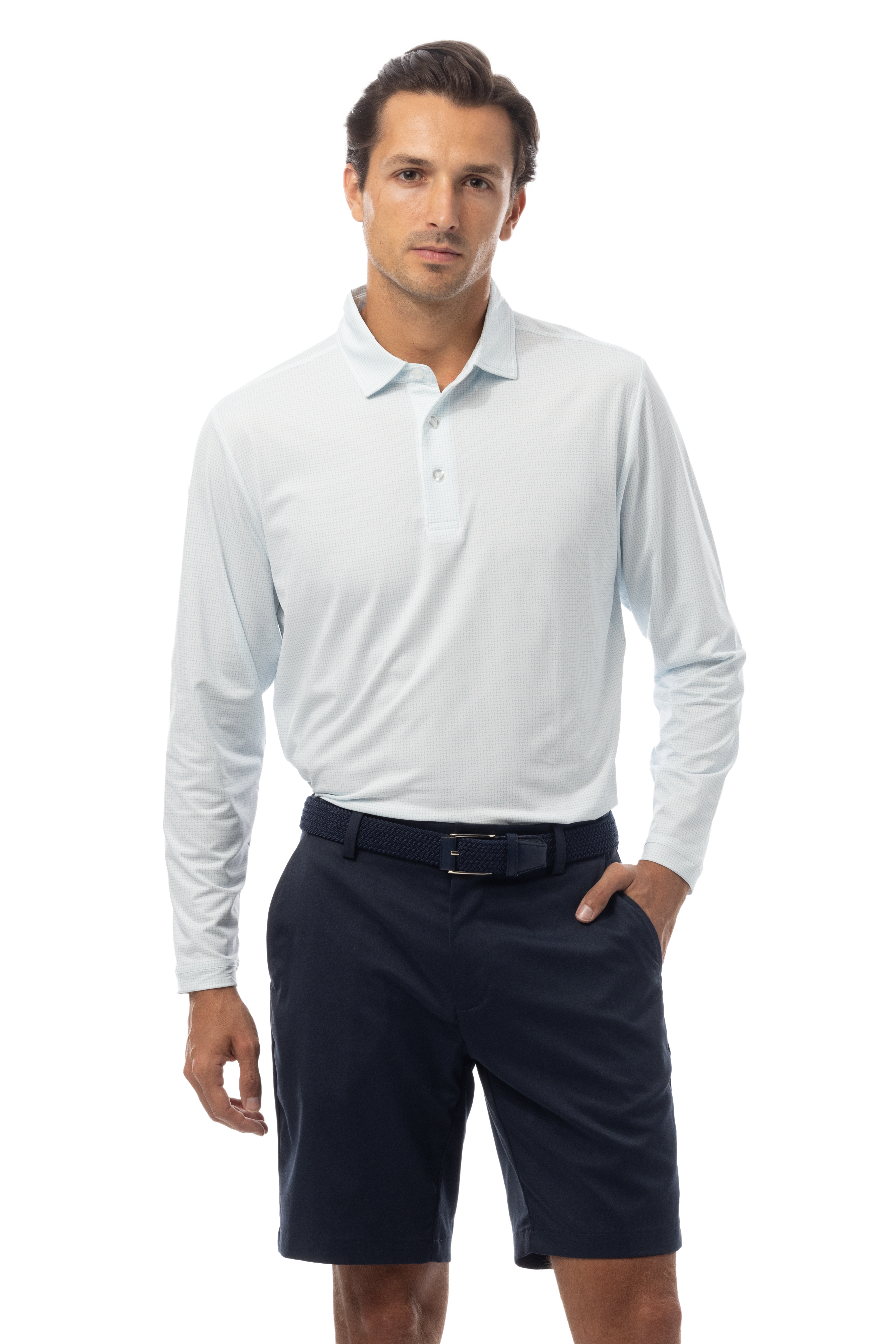 SANSOLEIL'S MEN'S LONG SLEEVE PRINT POLO. MATRIX. TURQ COASTAL BLUE. 900841 - SanSoleil