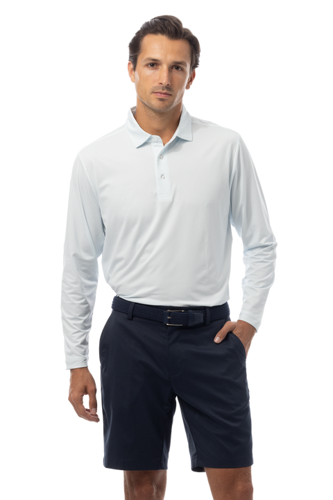 SANSOLEIL'S MEN'S LONG SLEEVE PRINT POLO. MATRIX. TURQ COASTAL BLUE. 900841