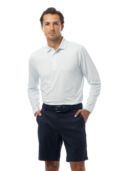 SANSOLEIL'S MEN'S LONG SLEEVE PRINT POLO. MATRIX. TURQ COASTAL BLUE. 900841