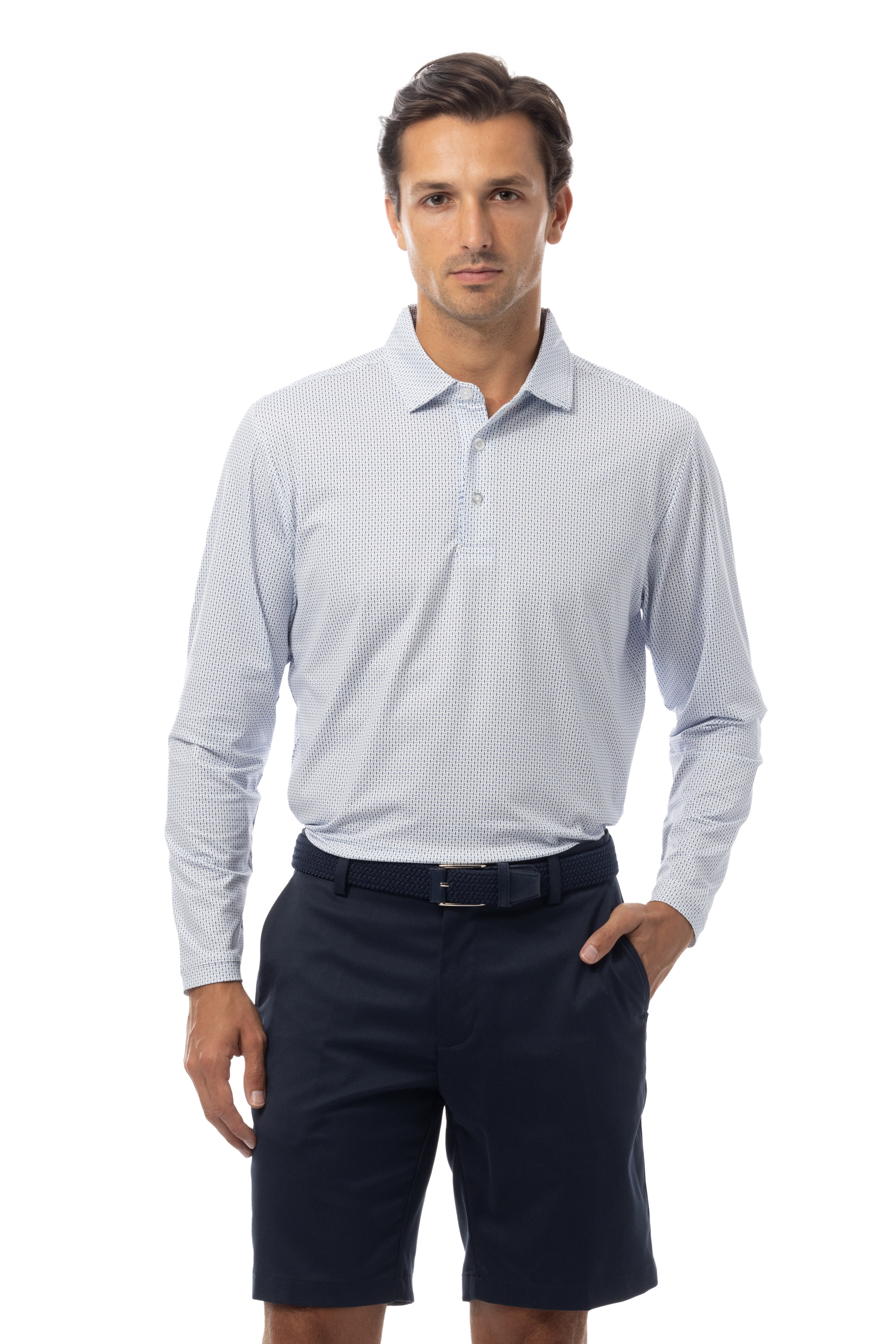SANSOLEIL'S MEN'S LONG SLEEVE PRINT POLO. MATRIX. PERI NAVY. 900841 - SanSoleil