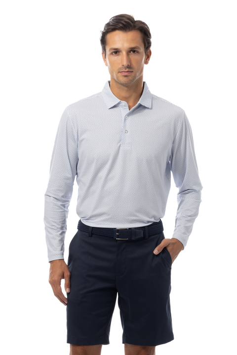 SANSOLEIL'S MEN'S LONG SLEEVE PRINT POLO. MATRIX. PERI NAVY. 900841