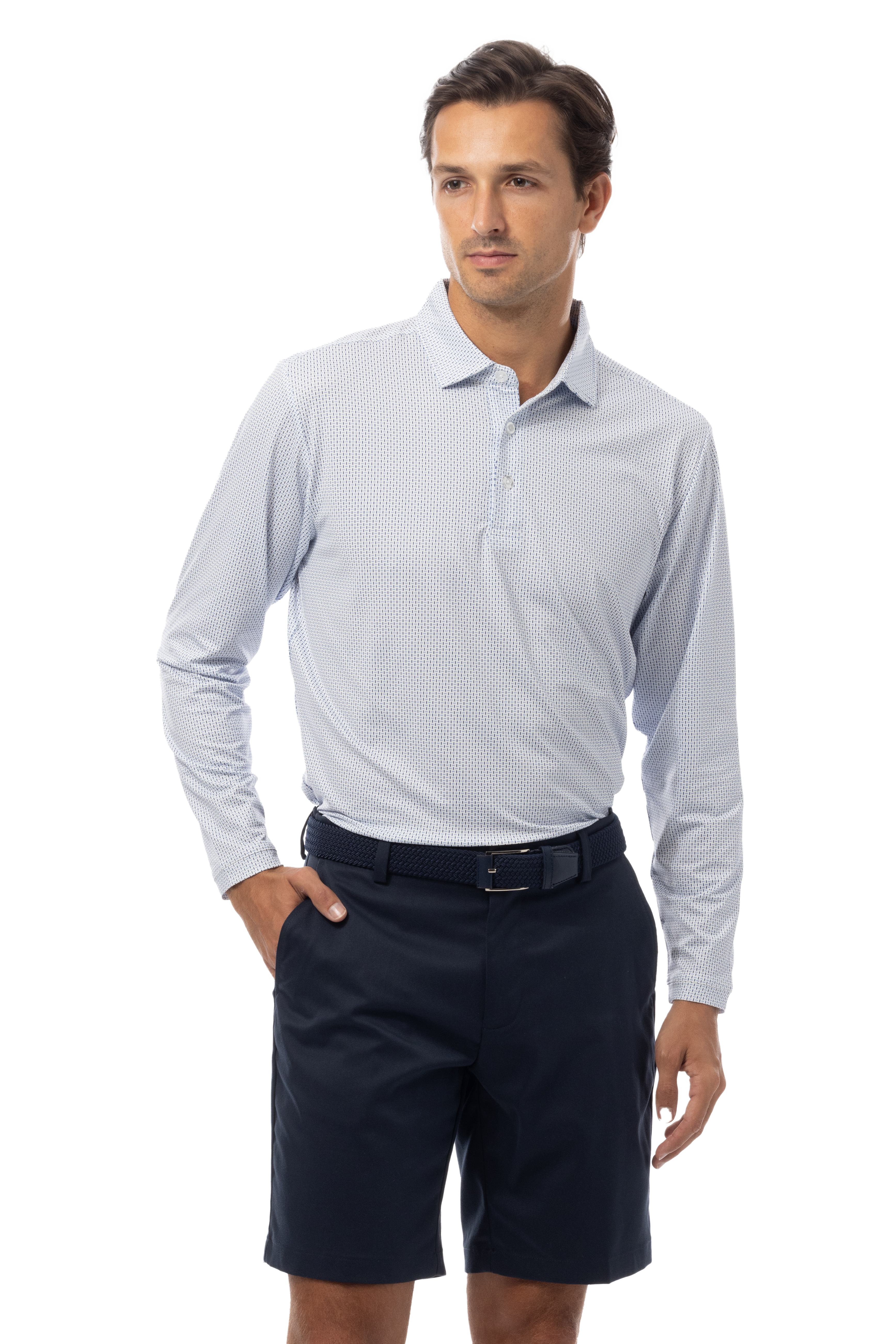 SANSOLEIL'S MEN'S LONG SLEEVE PRINT POLO. MATRIX. PERI NAVY. 900841 - SanSoleil
