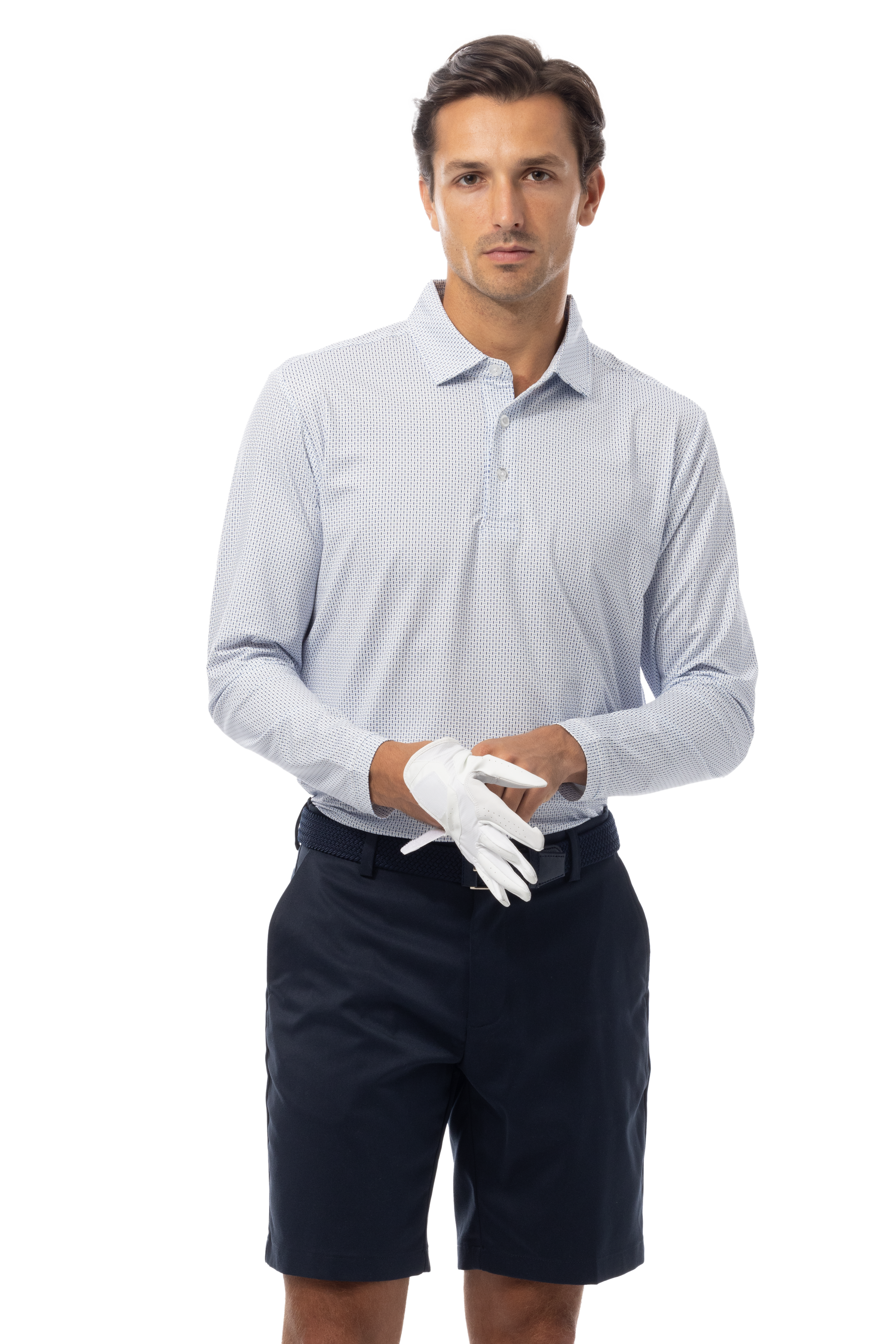 SANSOLEIL'S MEN'S LONG SLEEVE PRINT POLO. MATRIX. PERI NAVY. 900841 - SanSoleil