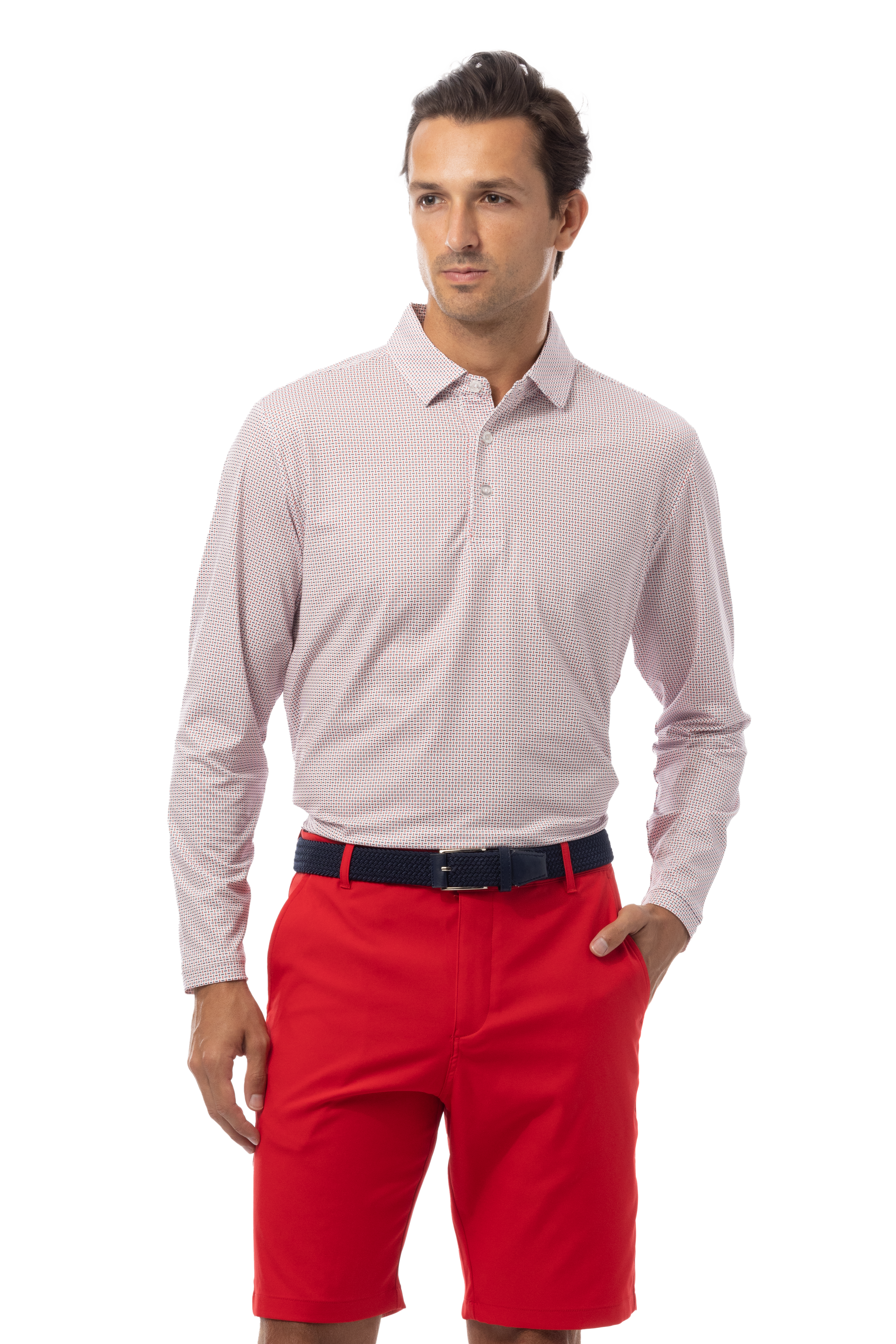 SANSOLEIL'S MEN'S LONG SLEEVE PRINT POLO. MATRIX RED NAVY. 900841 - SanSoleil
