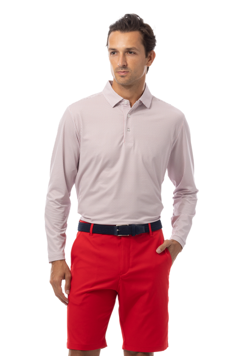 SANSOLEIL'S MEN'S LONG SLEEVE PRINT POLO. MATRIX RED NAVY. 900841