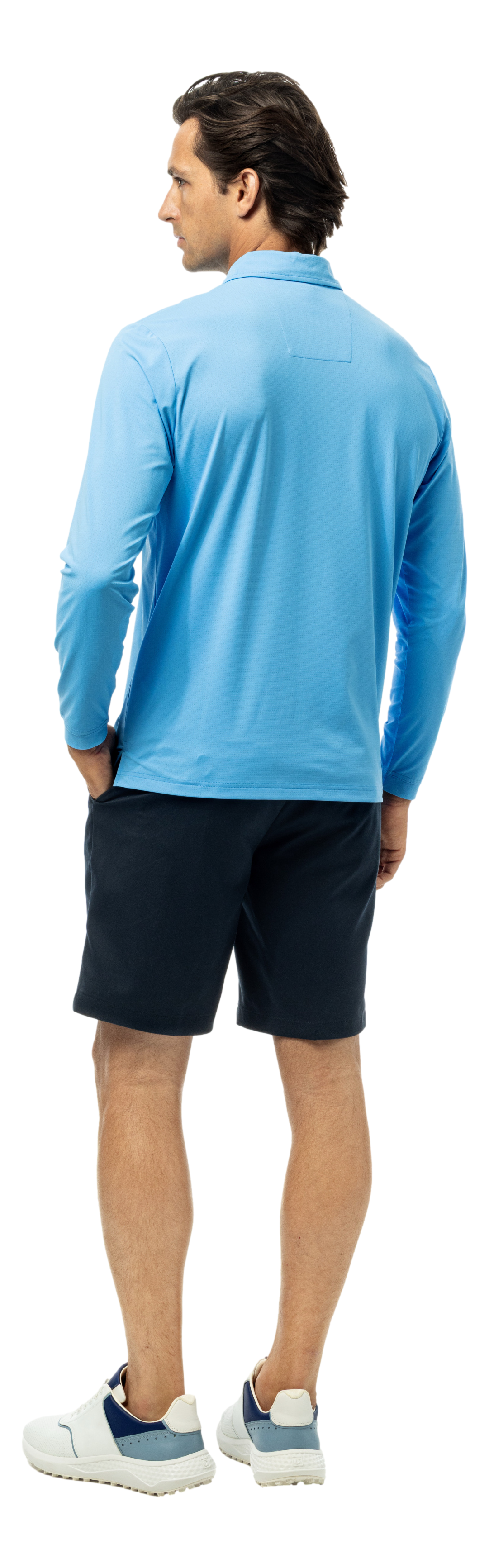 Men's SanSoleil Solair Cool long sleeve polo in Blue Jay color, featuring lightweight fabric and comfortable fit.