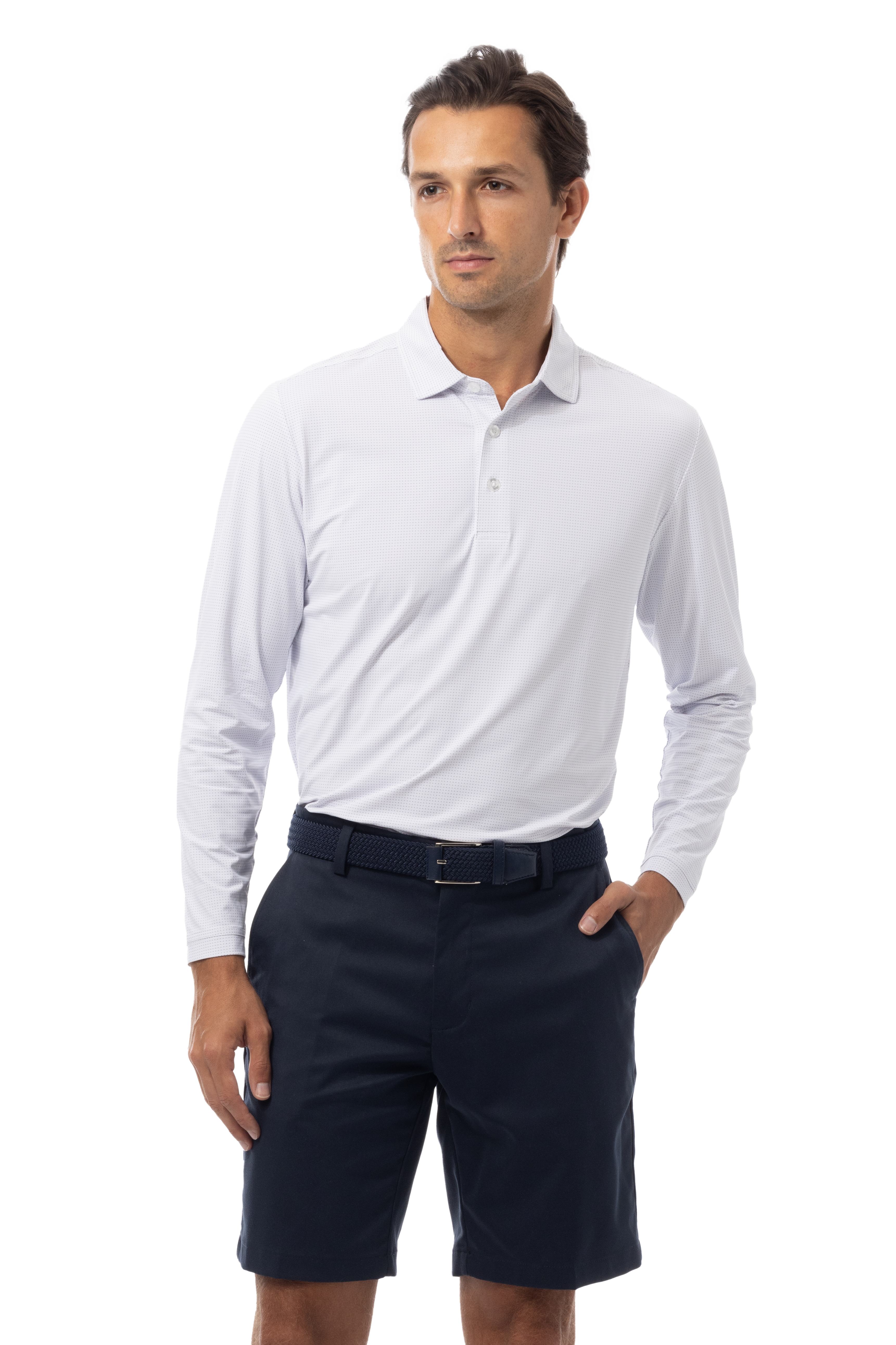 SANSOLEIL'S MEN'S SOLAIR LONG SLEEVE POLO. WHITE NAVY - 900841A - SanSoleil