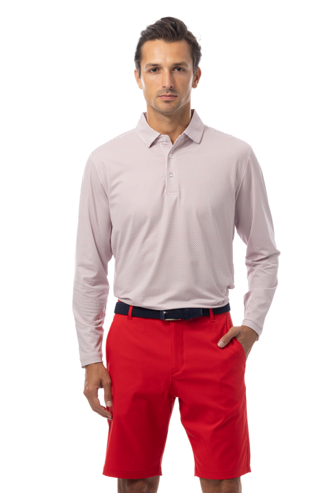 SANSOLEIL'S MEN'S LONG SLEEVE PRINT POLO. MATRIX RED NAVY. 900841