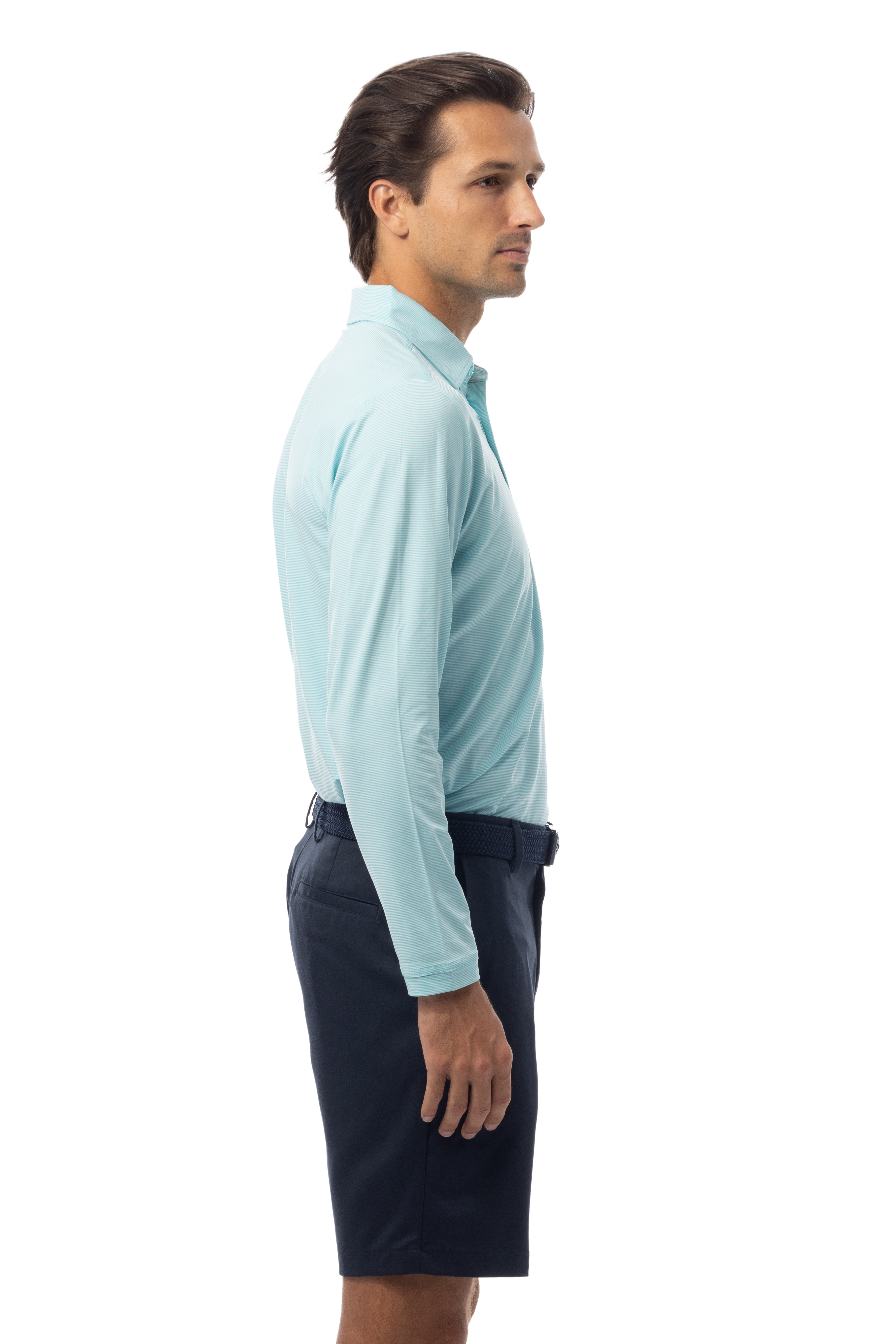 SANSOLEIL MEN'S SOLMELANGE ICE MINI-STRIPE POLO. TURQ-WHITE. 900841MM - SanSoleil