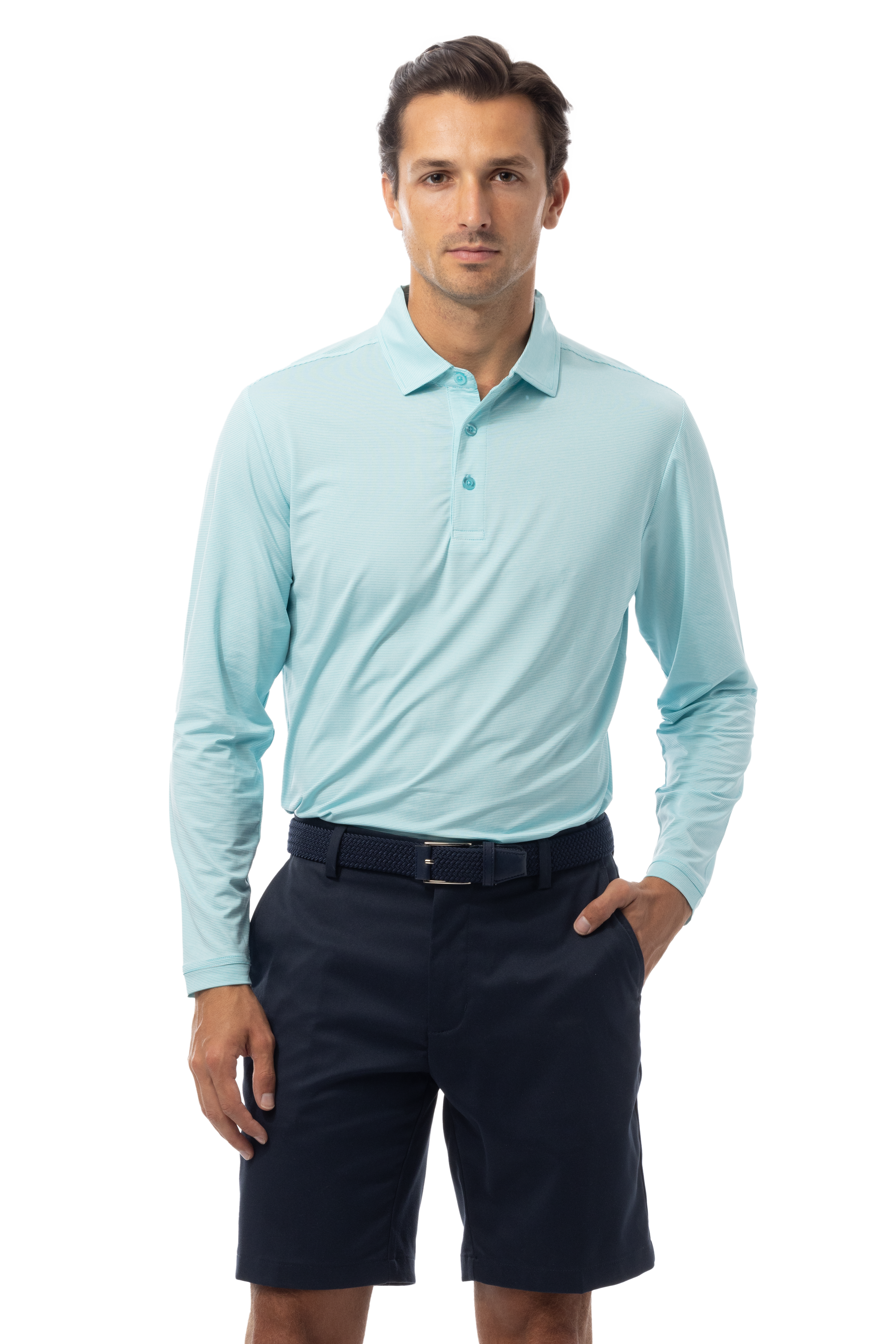 SANSOLEIL MEN'S SOLMELANGE ICE MINI-STRIPE POLO. TURQ-WHITE. 900841MM - SanSoleil