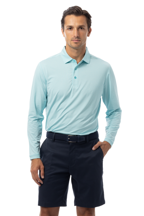 SANSOLEIL MEN'S SOLMELANGE ICE MINI-STRIPE POLO. TURQ-WHITE. 900841MM