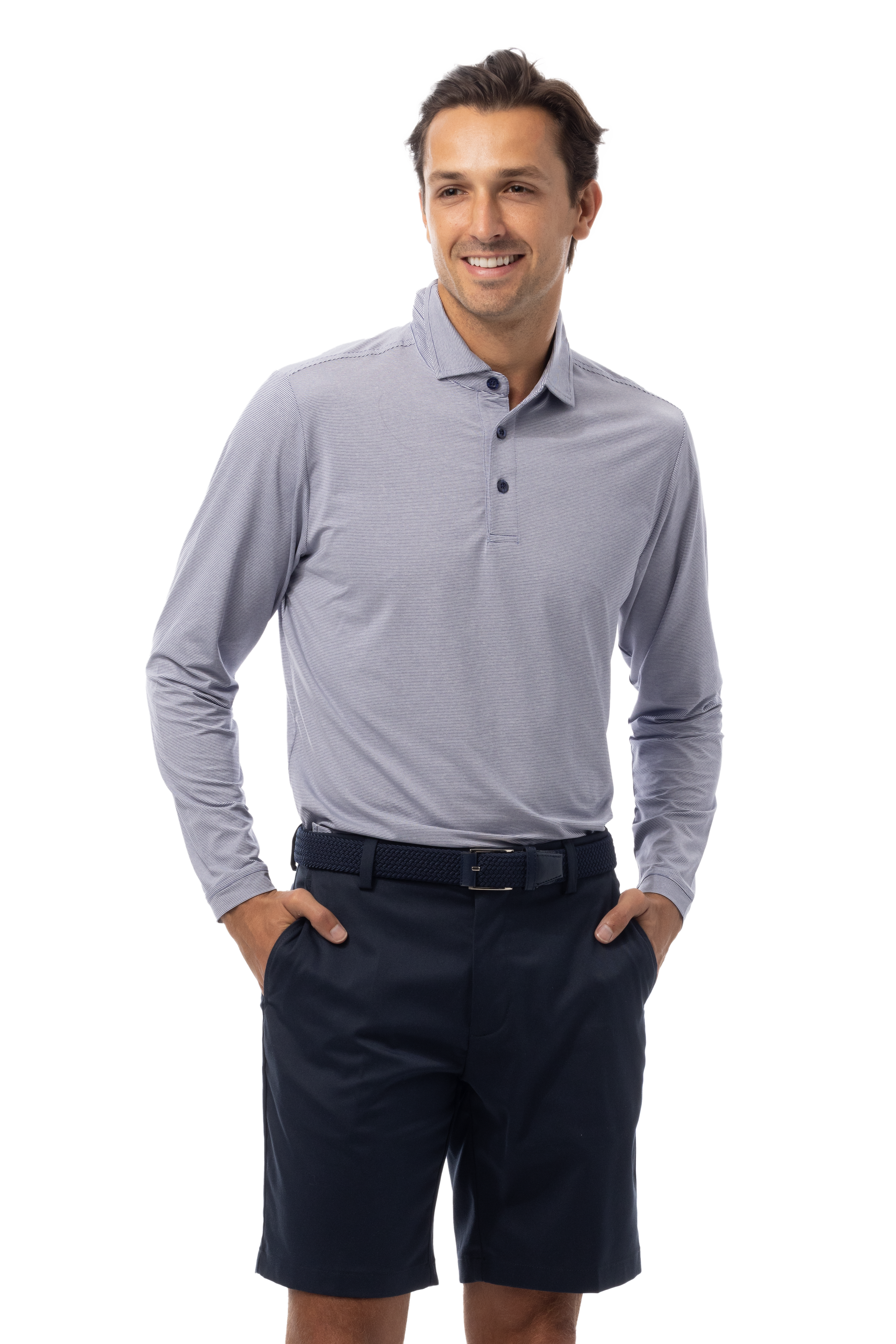 MEN'S SOLMELANGE MINI-STRIPE LONG-SLEEVE POLO. NAVY-WHITE. 900841MM - SanSoleil