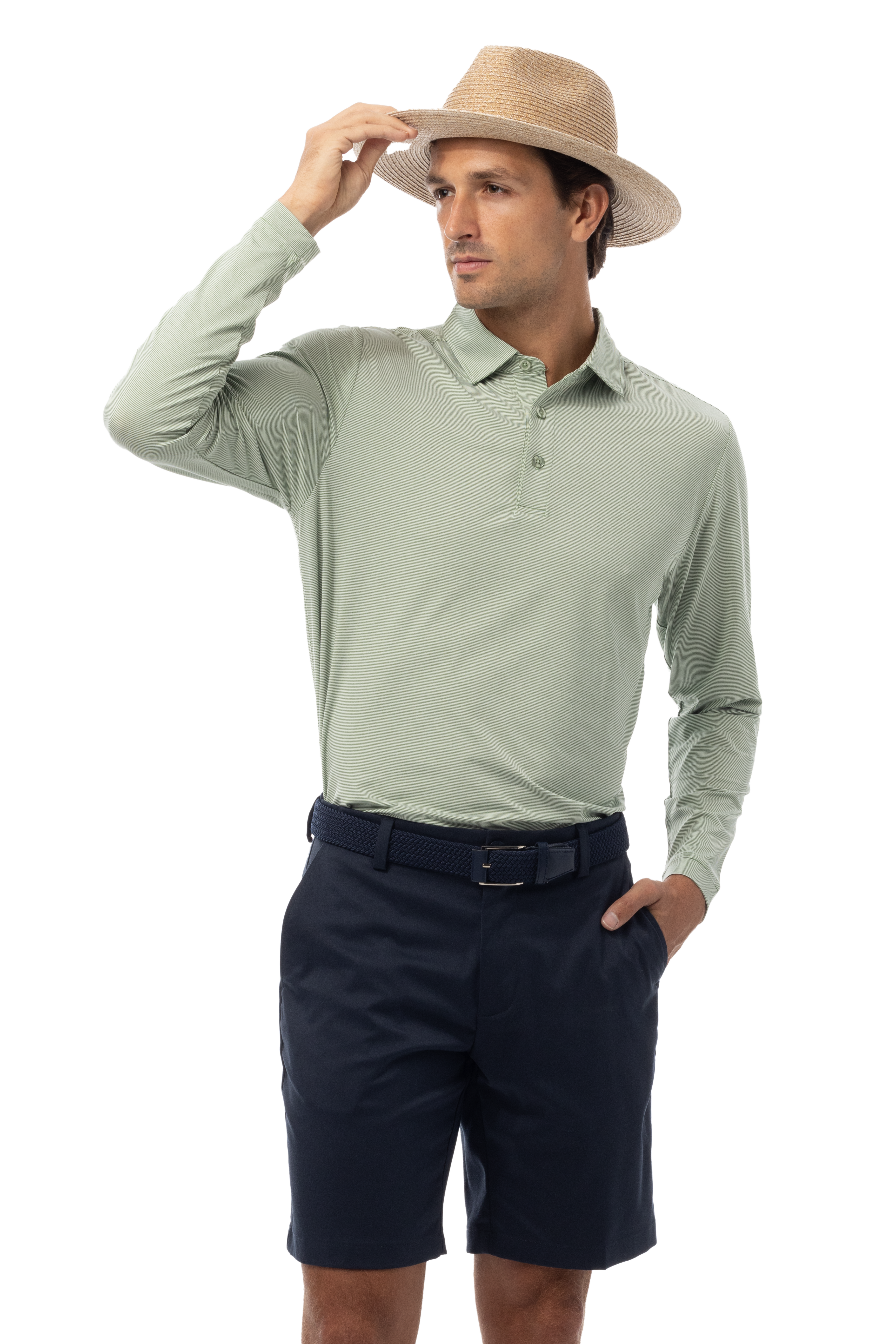 MEN'S SOLMELANGE MINI-STRIPE LONG-SLEEVE POLO. MOSS-WHITE. 900841MM - SanSoleil