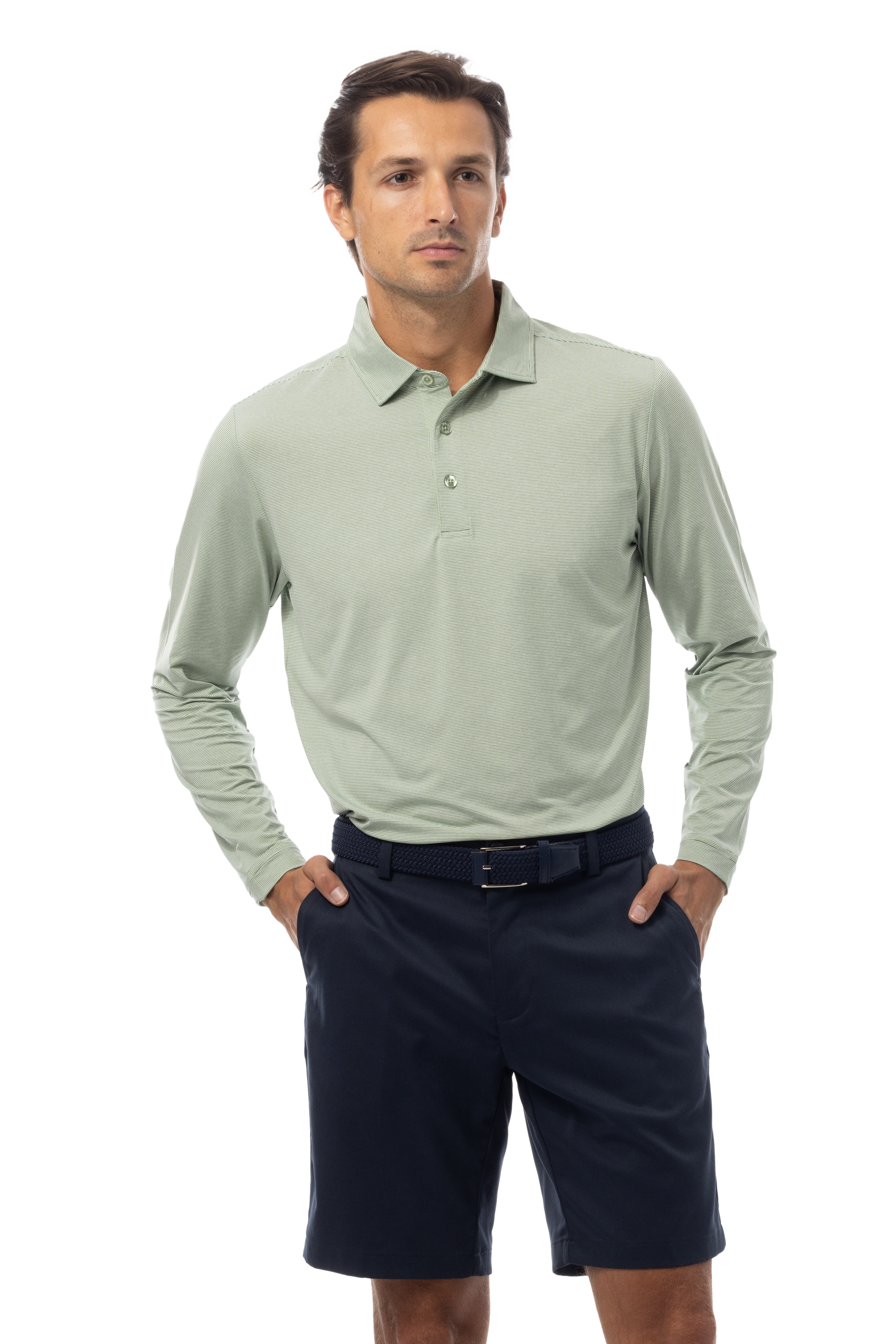 MEN'S SOLMELANGE MINI-STRIPE LONG-SLEEVE POLO. MOSS-WHITE. 900841MM - SanSoleil
