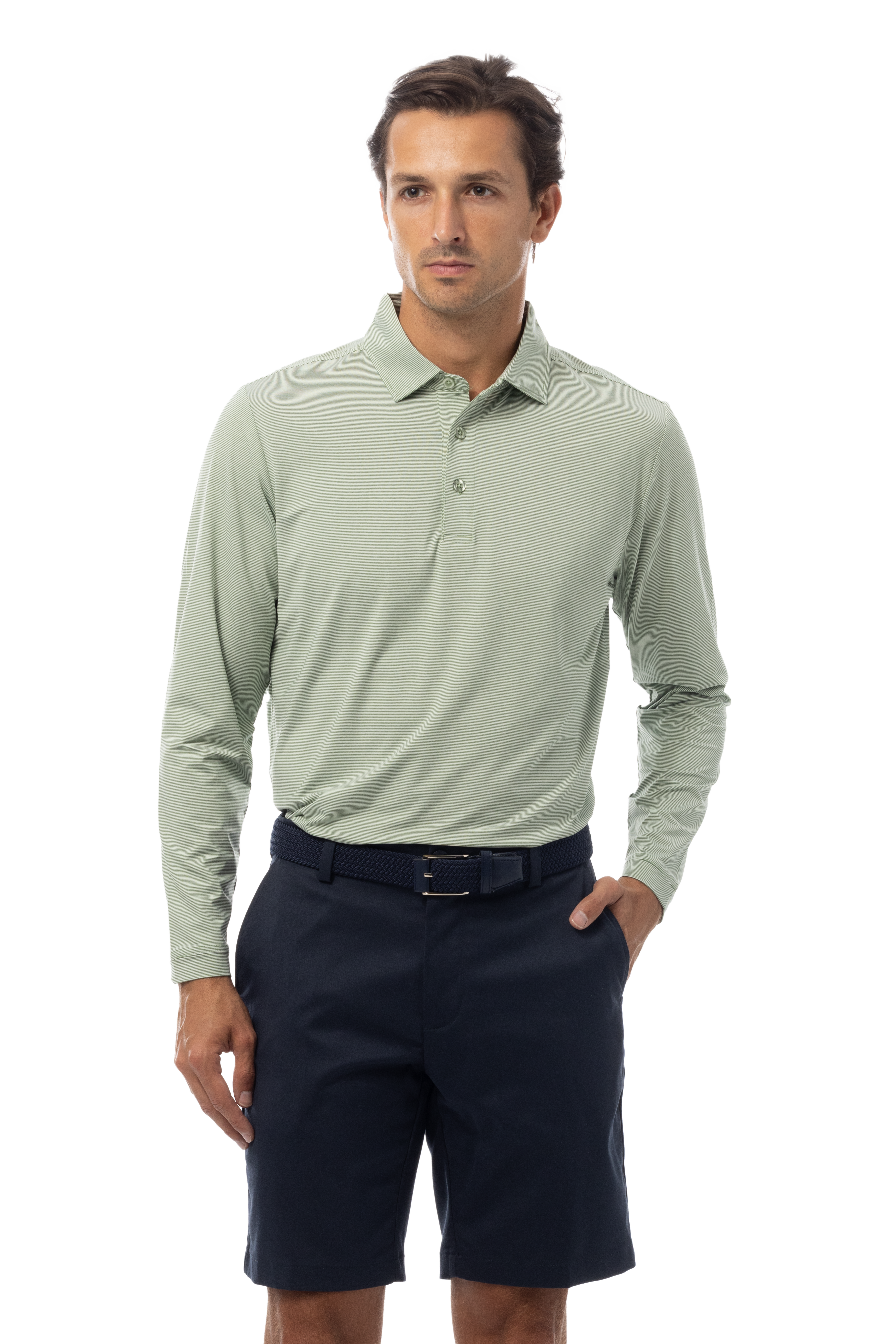 MEN'S SOLMELANGE MINI-STRIPE LONG-SLEEVE POLO. MOSS-WHITE. 900841MM - SanSoleil