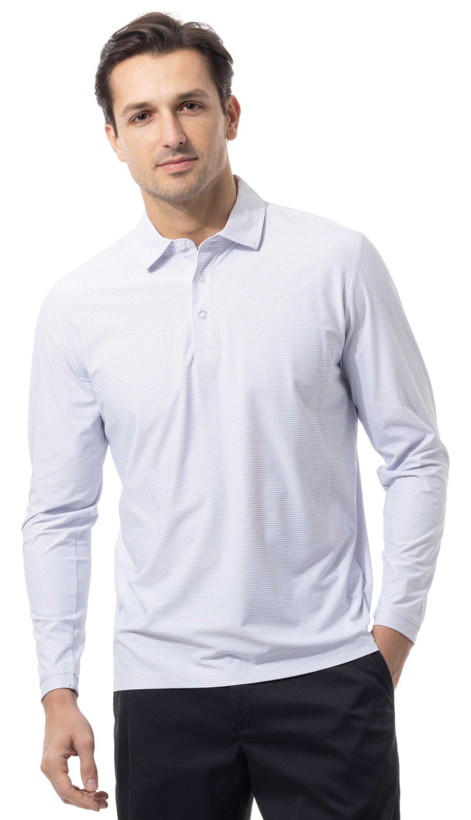 SANSOLEIL'S MEN'S SOLAIR LONG SLEEVE POLO. WHITE BLACK. STRIPE. 900841S - SanSoleil