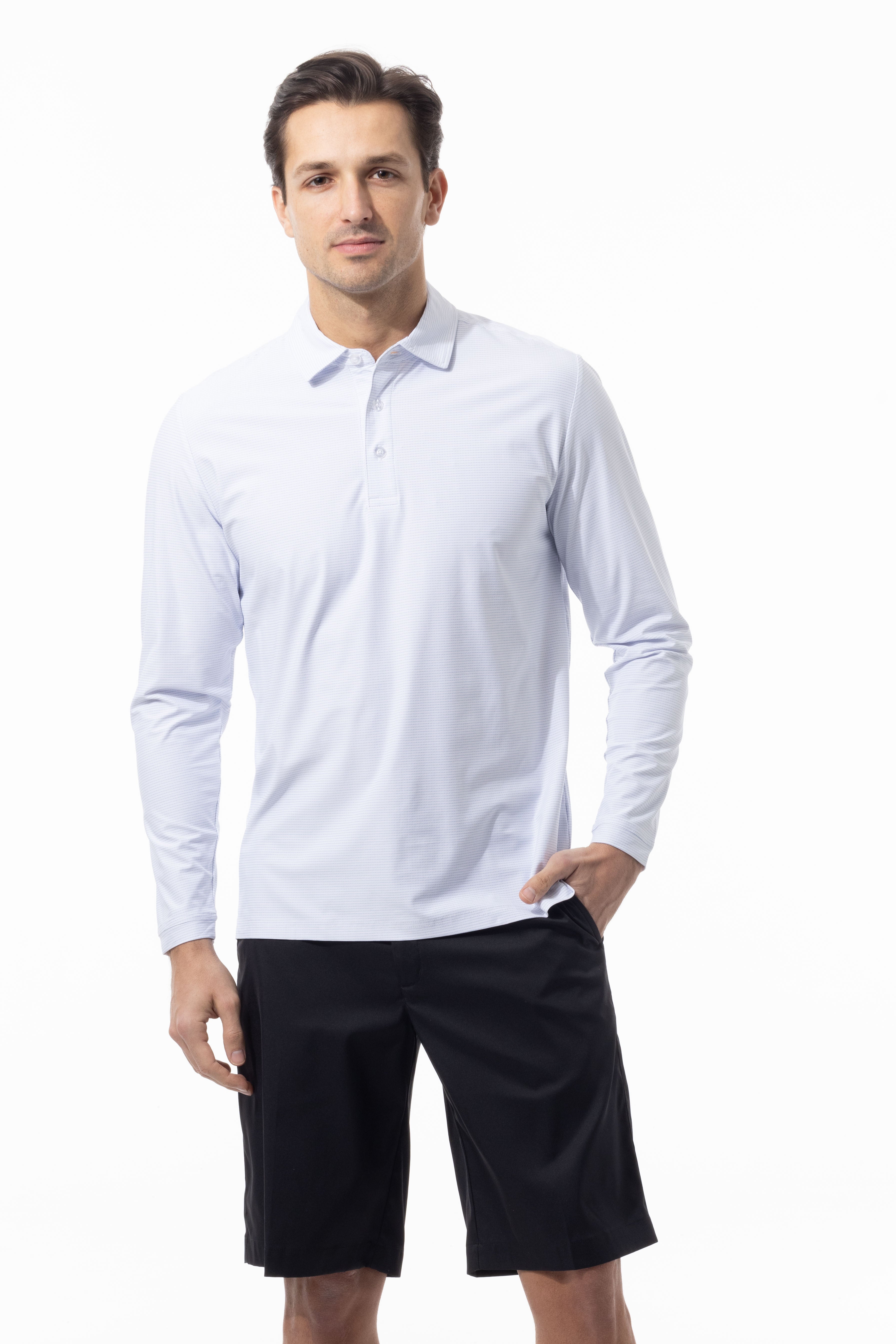 SANSOLEIL'S MEN'S SOLAIR LONG SLEEVE POLO. WHITE COASTAL. STRIPE. 900841S - SanSoleil