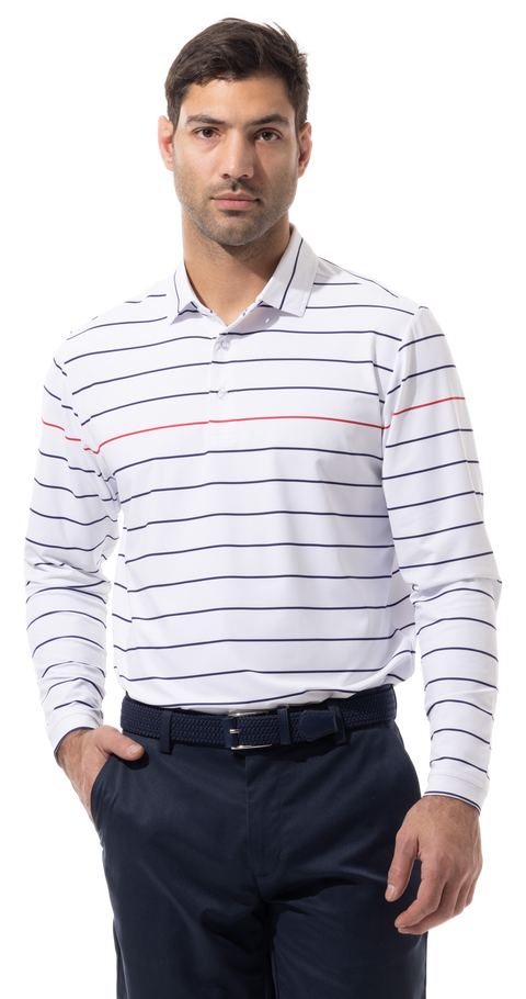 Soltek Ice Long Sleeve Polo. White, Navy, Red, Stripe - 900841