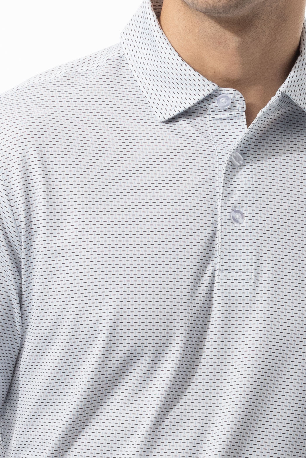 SANSOLEIL'S MEN'S LONG SLEEVE PRINT POLO. MATRIX. COASTAL BLACK. 900841 - SanSoleil