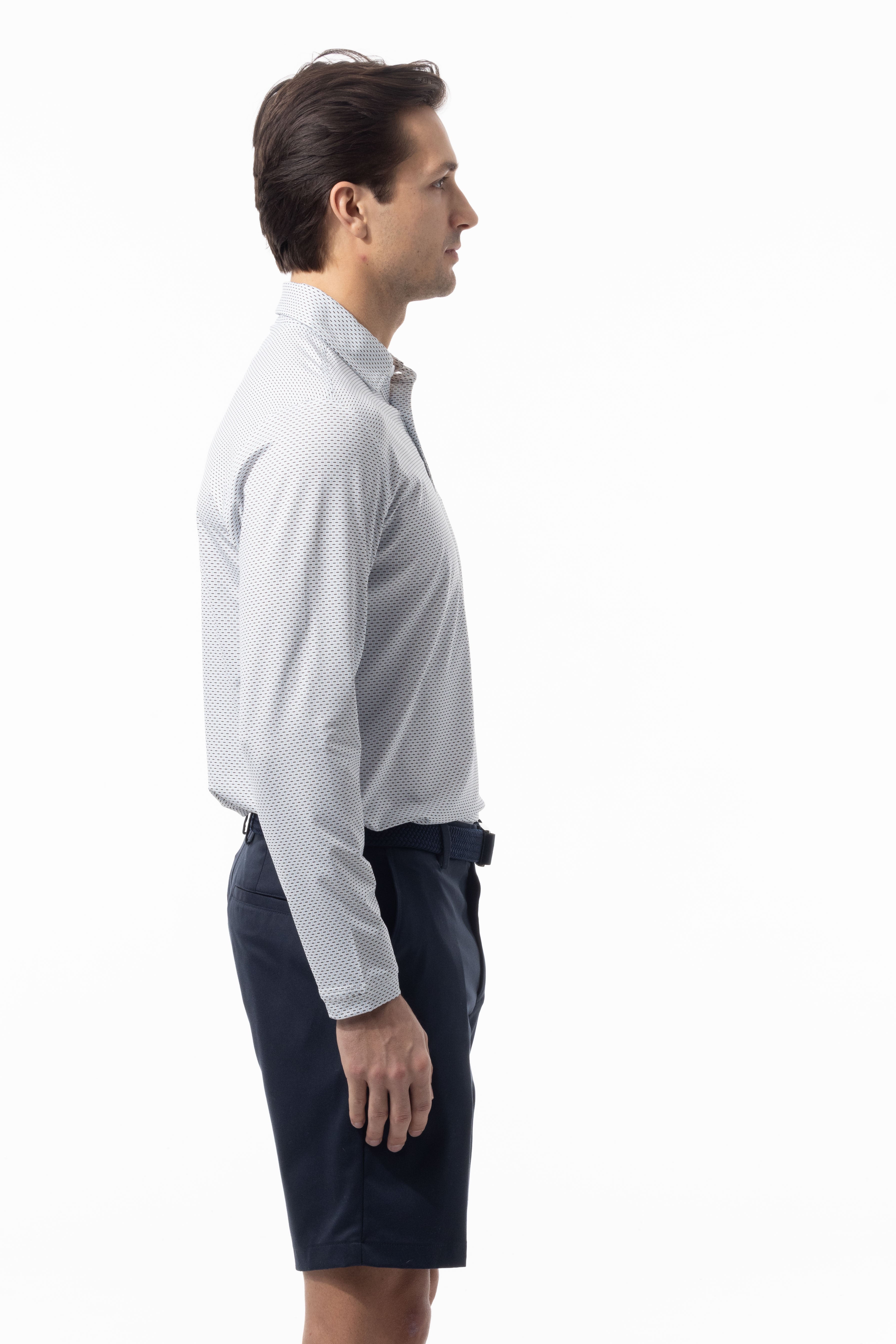 SANSOLEIL'S MEN'S LONG SLEEVE PRINT POLO. MATRIX. COASTAL BLACK. 900841 - SanSoleil