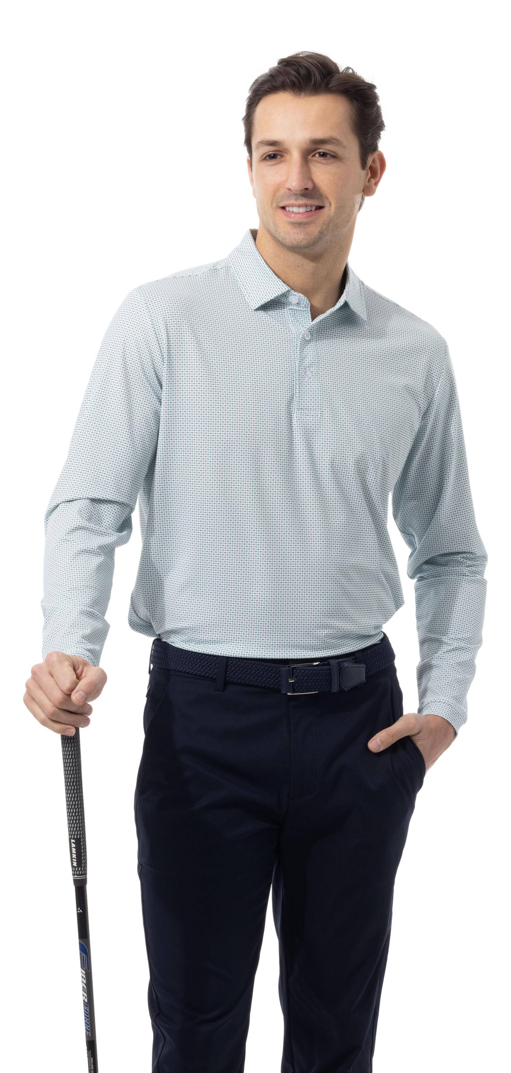 MEN'S SOLAIR LONG SLEEVE POLO. WHITE. MATRIX. GREEN NAVY. 900841A - SanSoleil