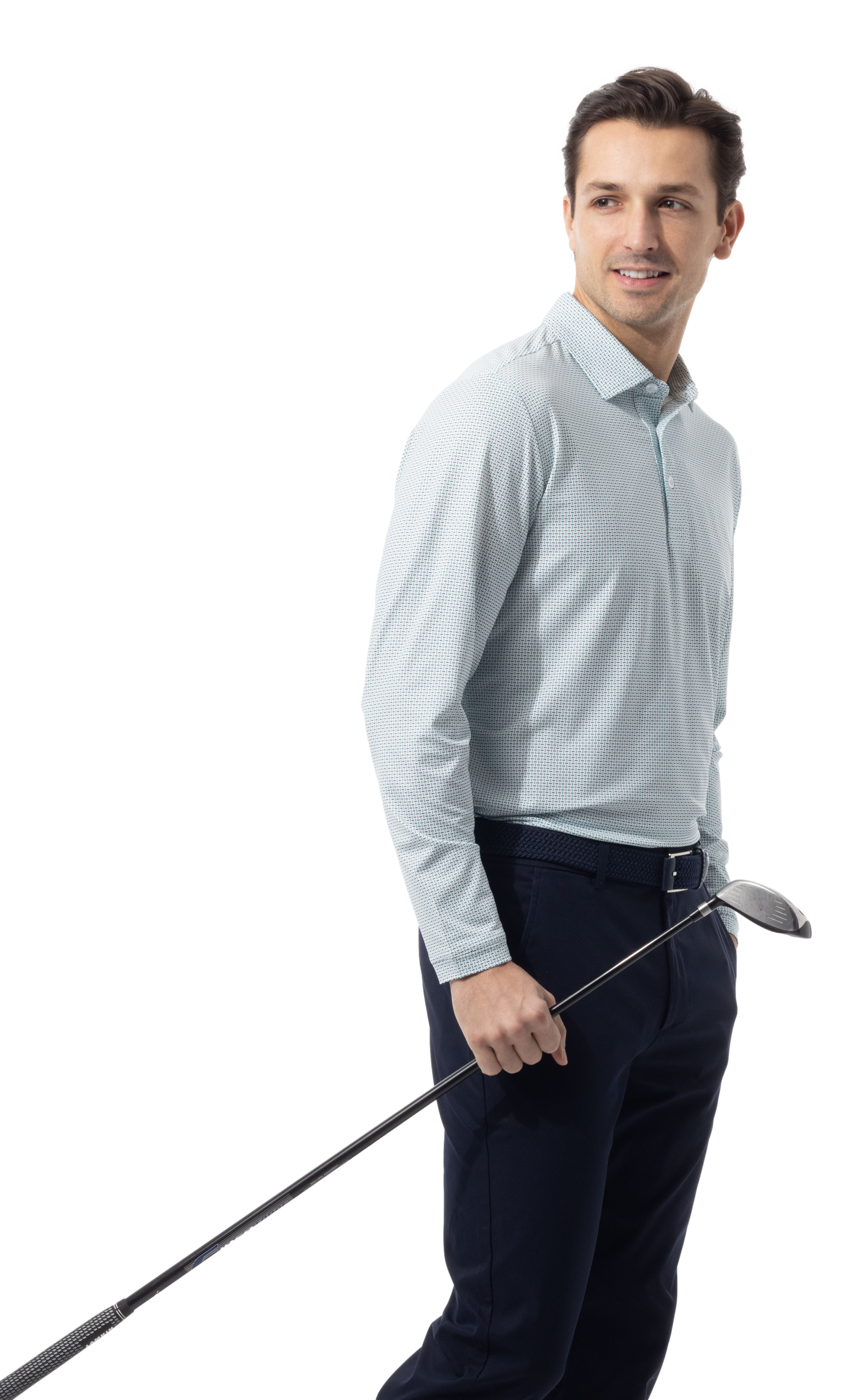 MEN'S SOLAIR LONG SLEEVE POLO. WHITE. MATRIX. GREEN NAVY. 900841A - SanSoleil