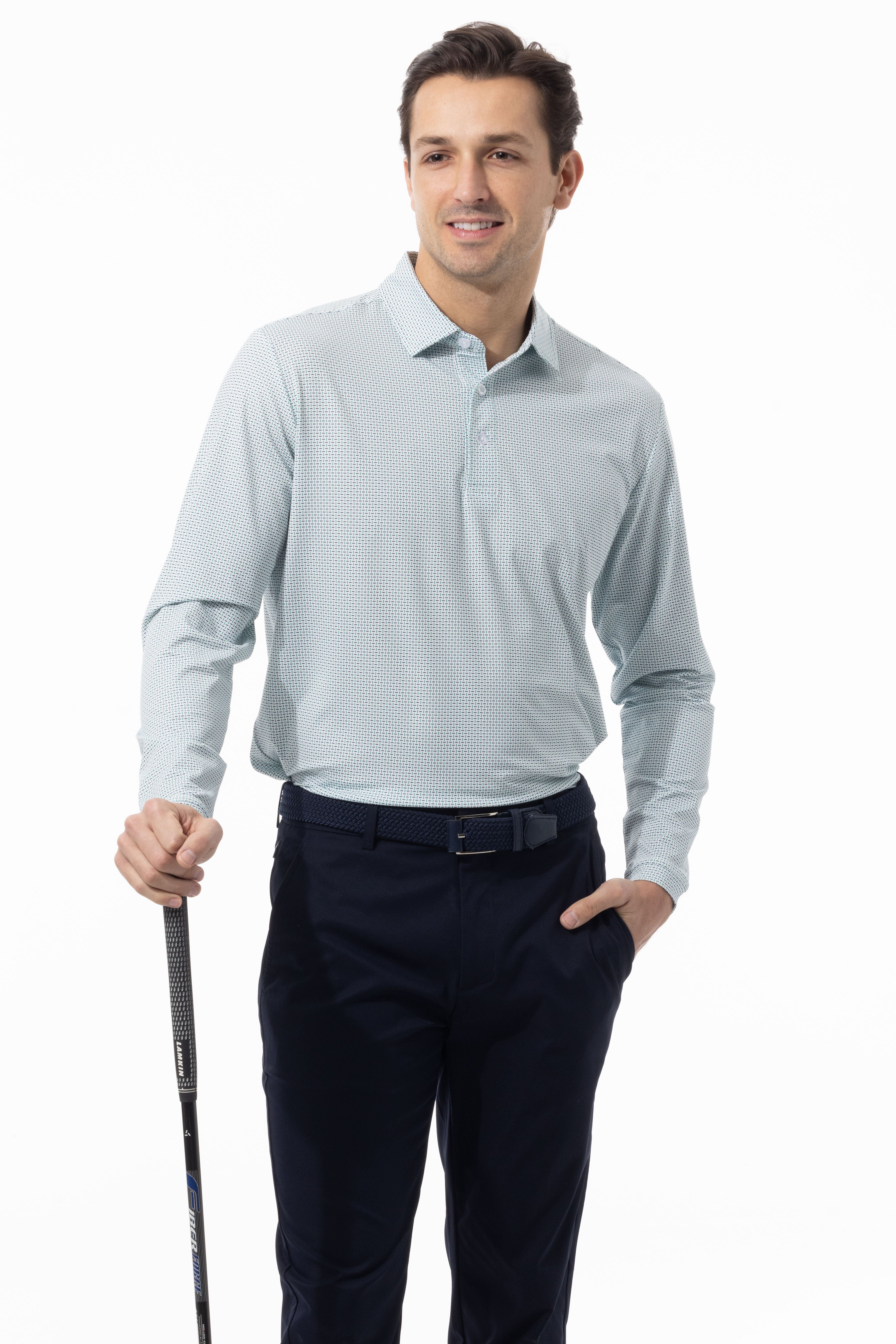 SANSOLEIL'S MEN'S LONG SLEEVE PRINT POLO. MATRIX. GREEN NAVY. 900841 - SanSoleil