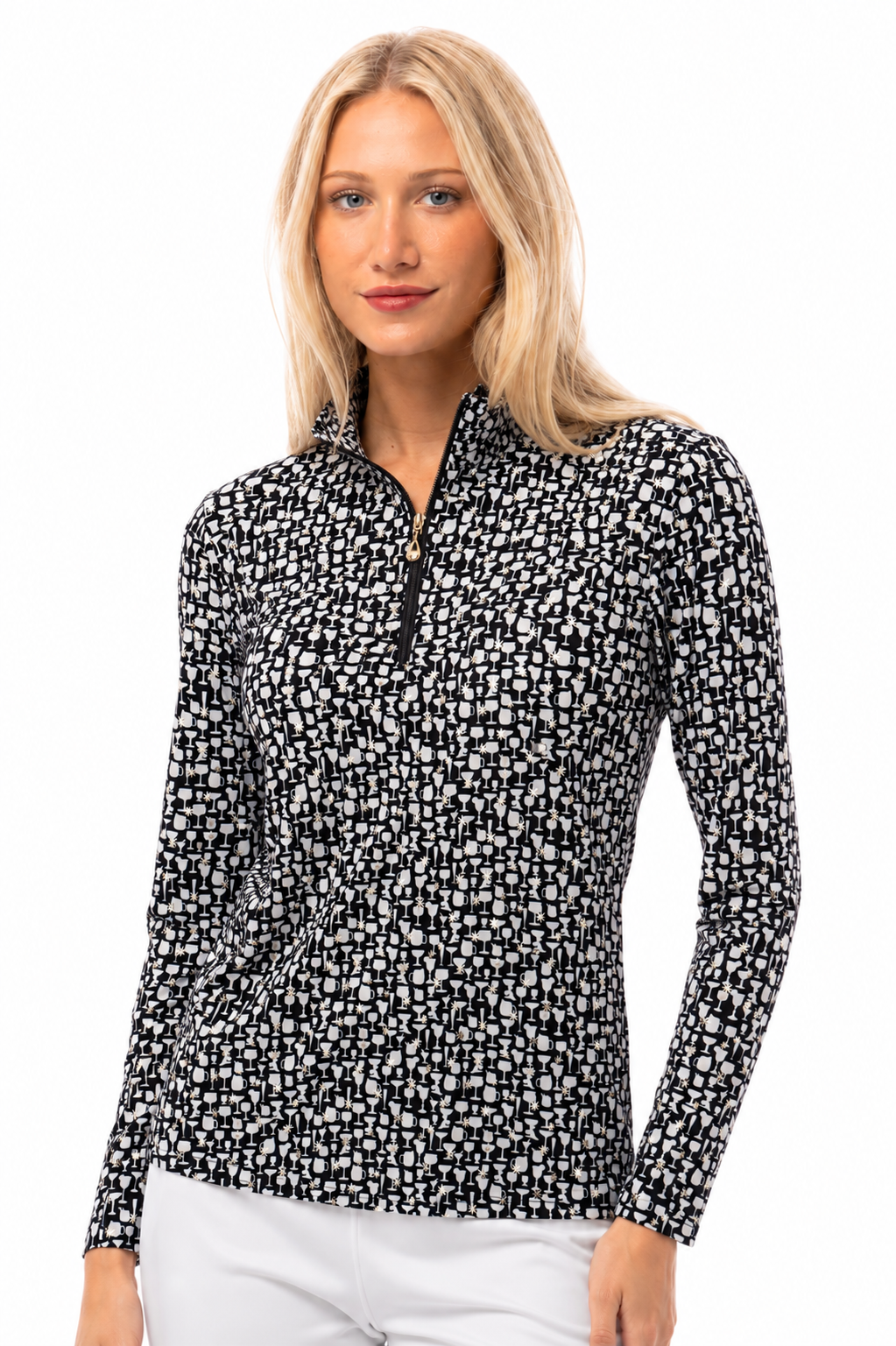 SOLSHINE PRINT 1/4 ZIP MOCK. SIP & SPARKLE. BLACK-GOLD FOIL 900320 - SanSoleil