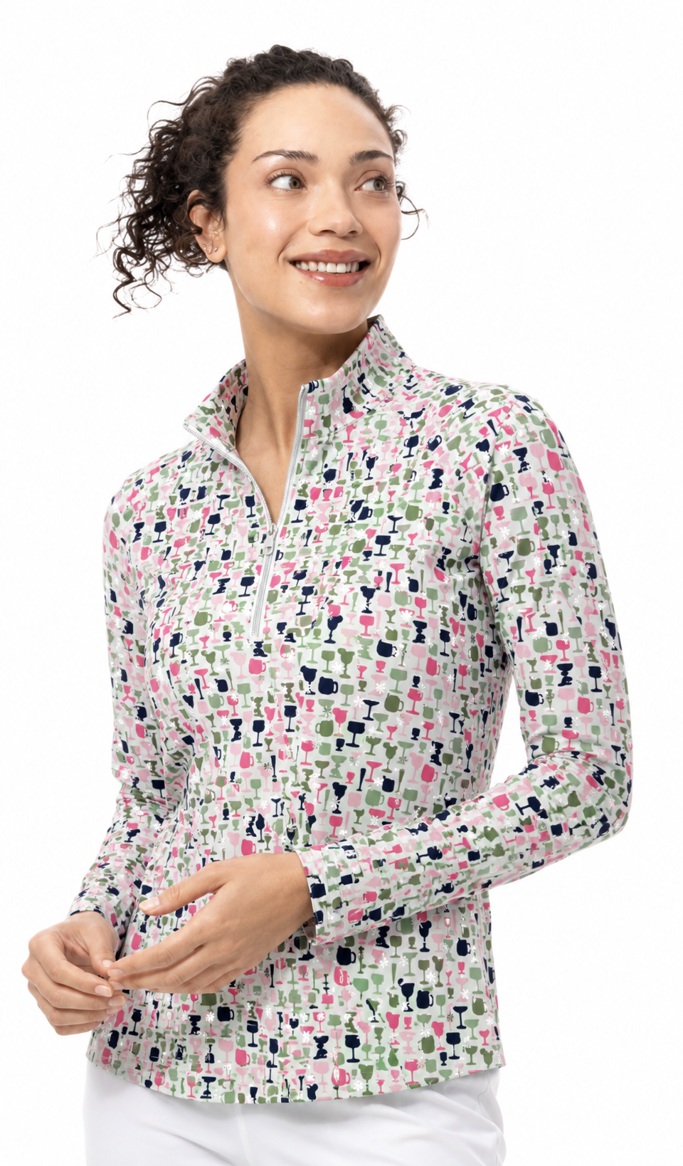 SanSoleil SOLSHINE foil 1/4 zip mock long sleeve shirt with silver print and sparkle details, stylish and comfortable for active wear.