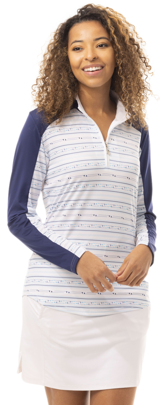 SOLCOOL PRINT TRIM MOCK with BACK VENT. LINEUP. NAVY - 900475