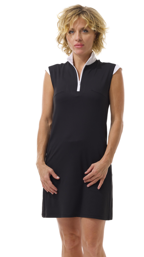 SOLSTYLE COOL SLEEVELESS ZIP MOCK DRESS. BLACK. 900724S