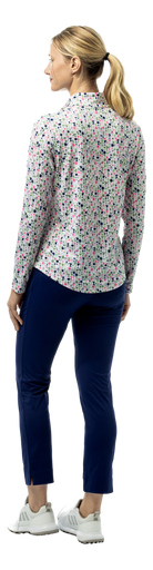 SanSoleil SOLSHINE foil print long sleeve mock top in silver with a 1/4 zip and sparkle detail, designed for stylish comfort.