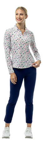 SanSoleil SOLSHINE foil print long sleeve mock with silver metallic finish, featuring a sleek 1/4 zip design and shimmering sparkle detail.