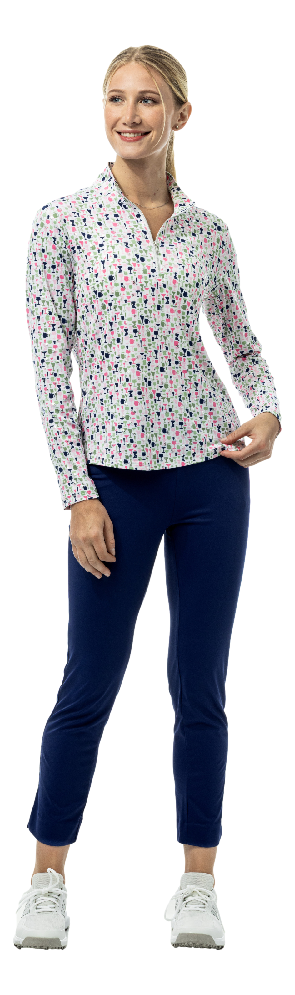 SanSoleil SOLSHINE foil print long sleeve mock with silver metallic finish, featuring a sleek 1/4 zip design and shimmering sparkle detail.