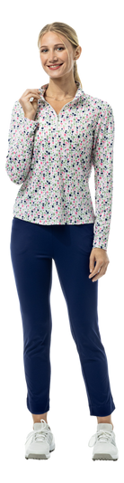 SanSoleil SOLSHINE foil print long sleeve mock with silver shimmering design and 1/4 zip, featuring a stylish sip and sparkle pattern.