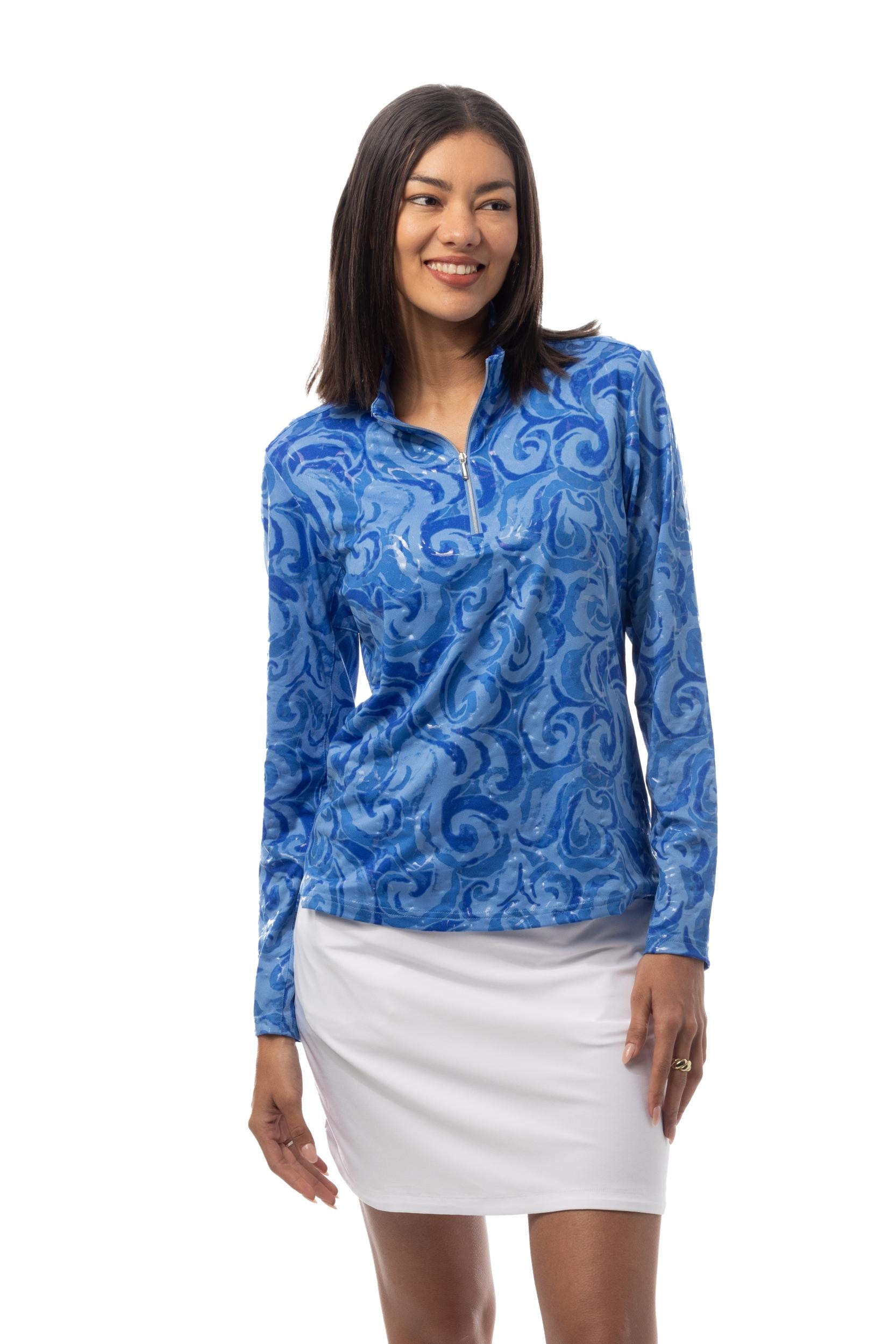 SANSOLEIL FOIL PRINT 1/4 ZIP MOCK. WHIRLWIND. BLUE. 900320 - SanSoleil
